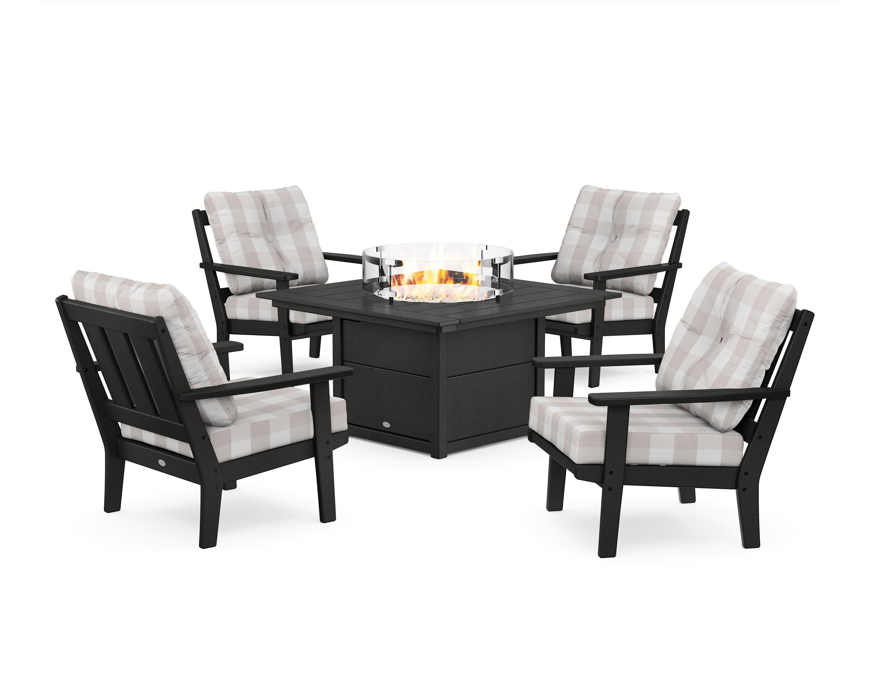 Oxford 5-Piece Deep Seating Set with Fire Pit Table in Black / Buffalo Plaid Dune Burlap