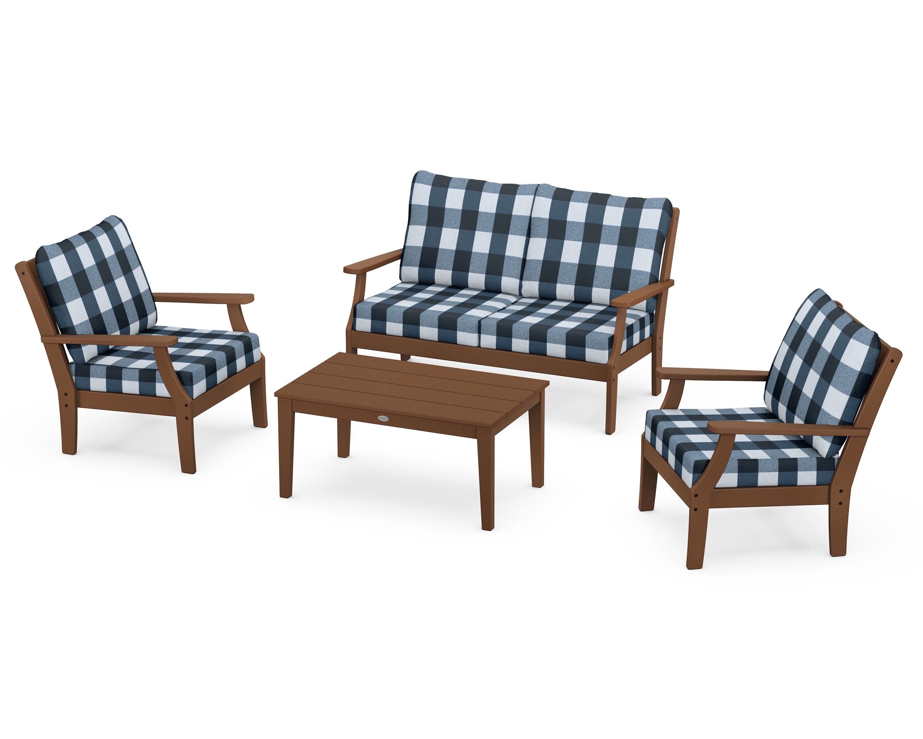 Braxton 4-Piece Deep Seating Chair Set in Teak / Buffalo Plaid Marine Indigo