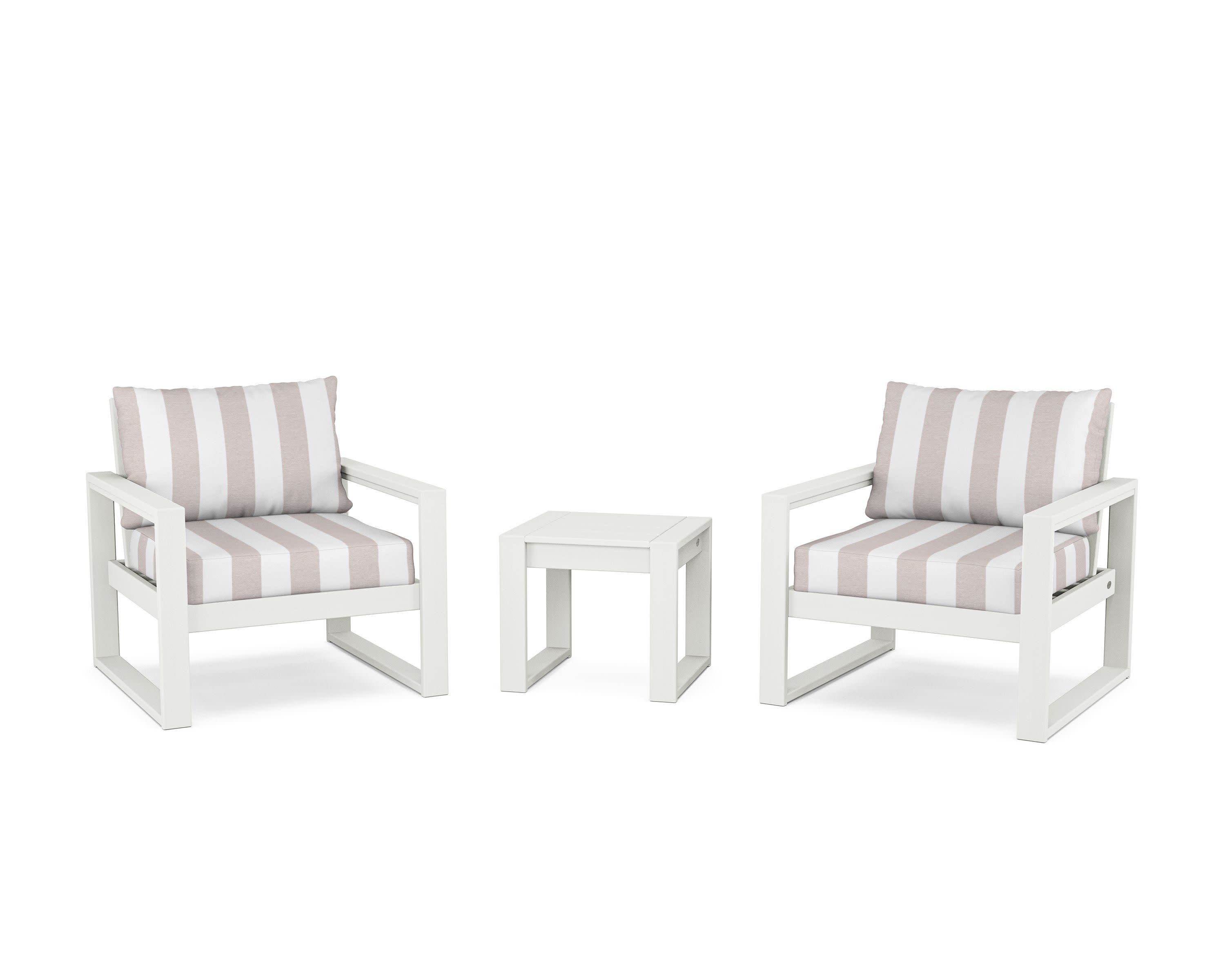 EDGE Sectional 3-Piece Deep Seating Set in Vintage White / Cabana Stripe Dune Burlap