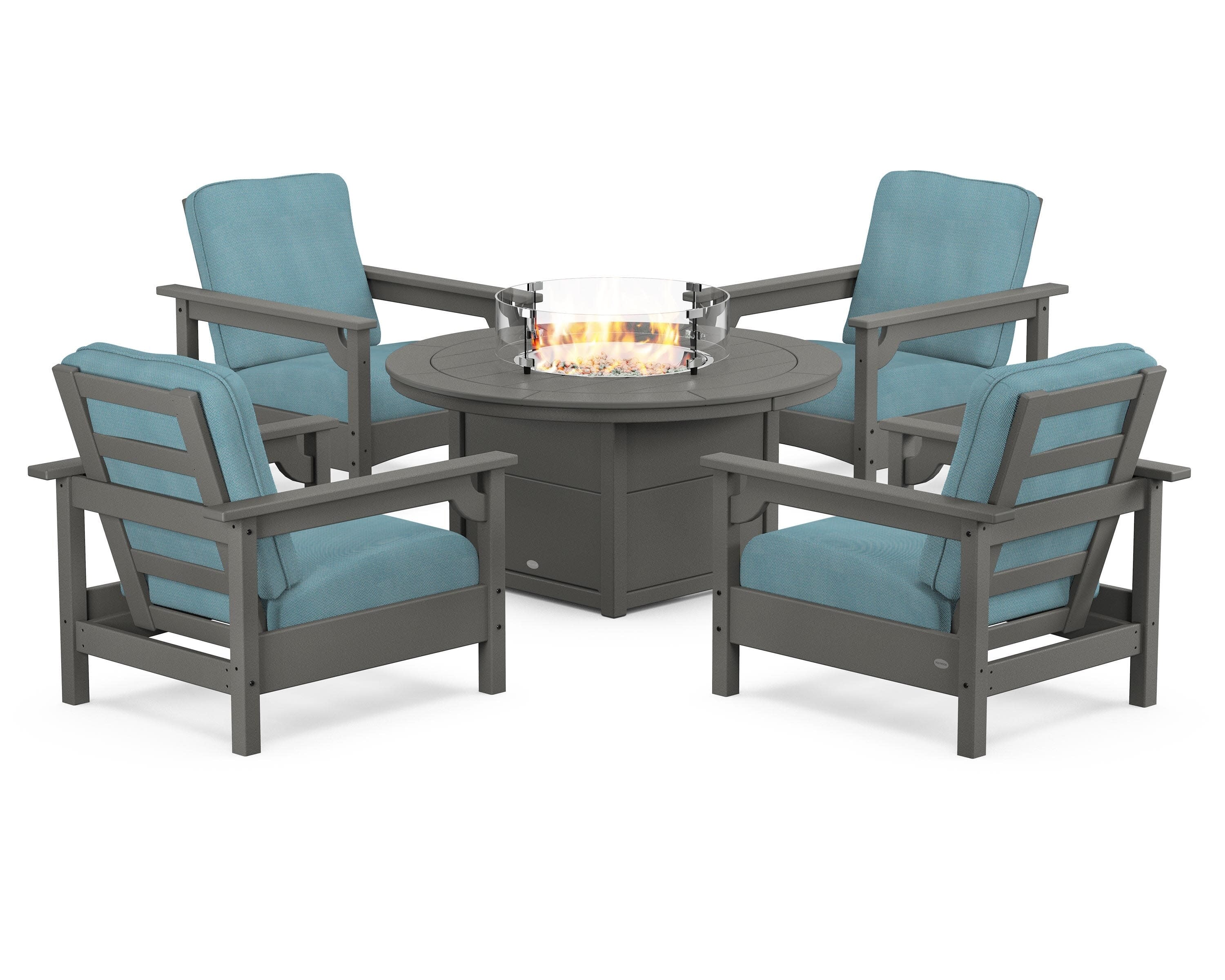 Club 5-Piece Conversation Set with Fire Pit Table in Slate Grey / Lattice Sky Blue
