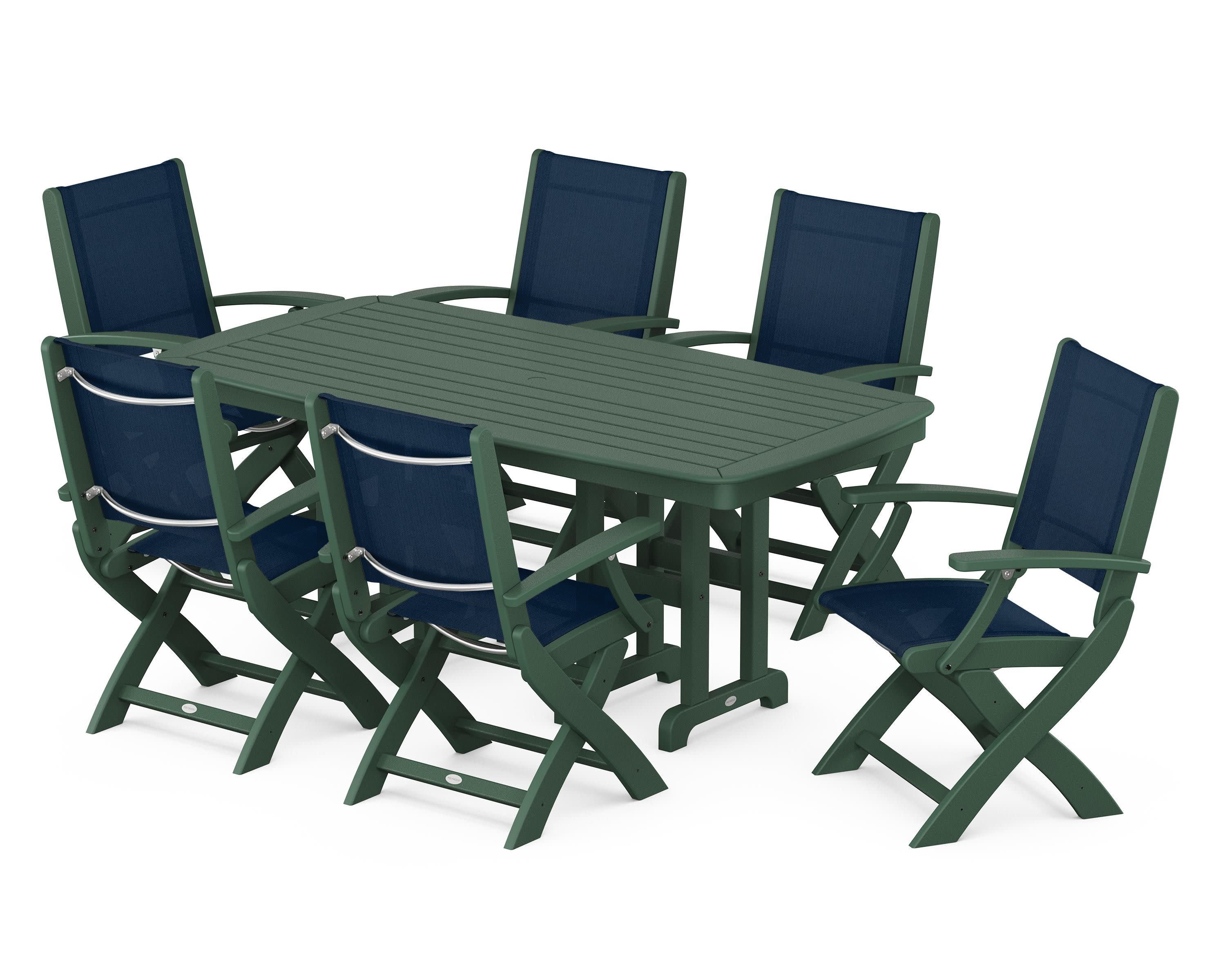 Coastal Folding Arm Chair 7-Piece Dining Set in Green / Navy Blue Sling