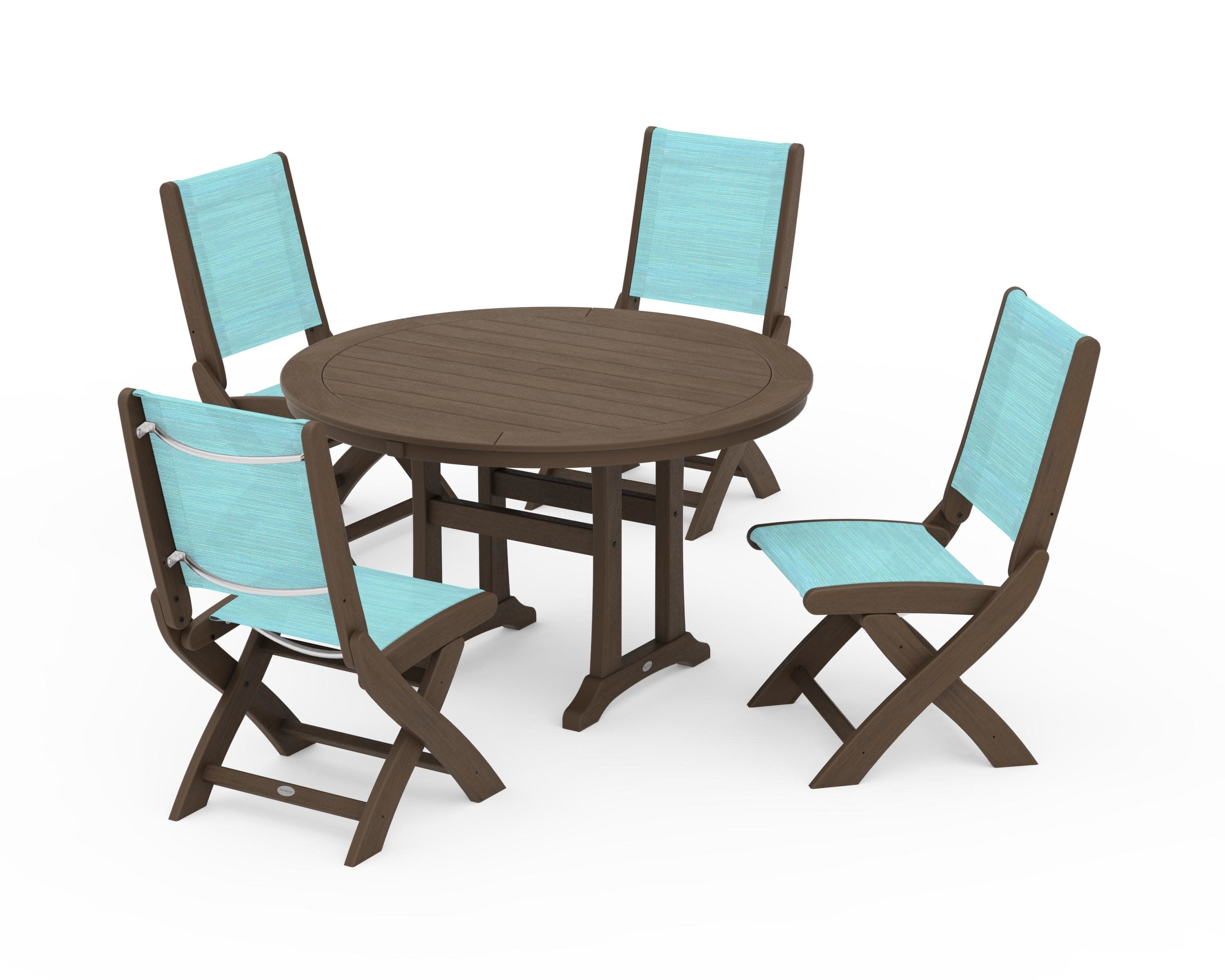 Coastal Folding Side Chair 5-Piece Round Dining Set With Trestle Legs in Kona / Dupioni Aquamarine Sling
