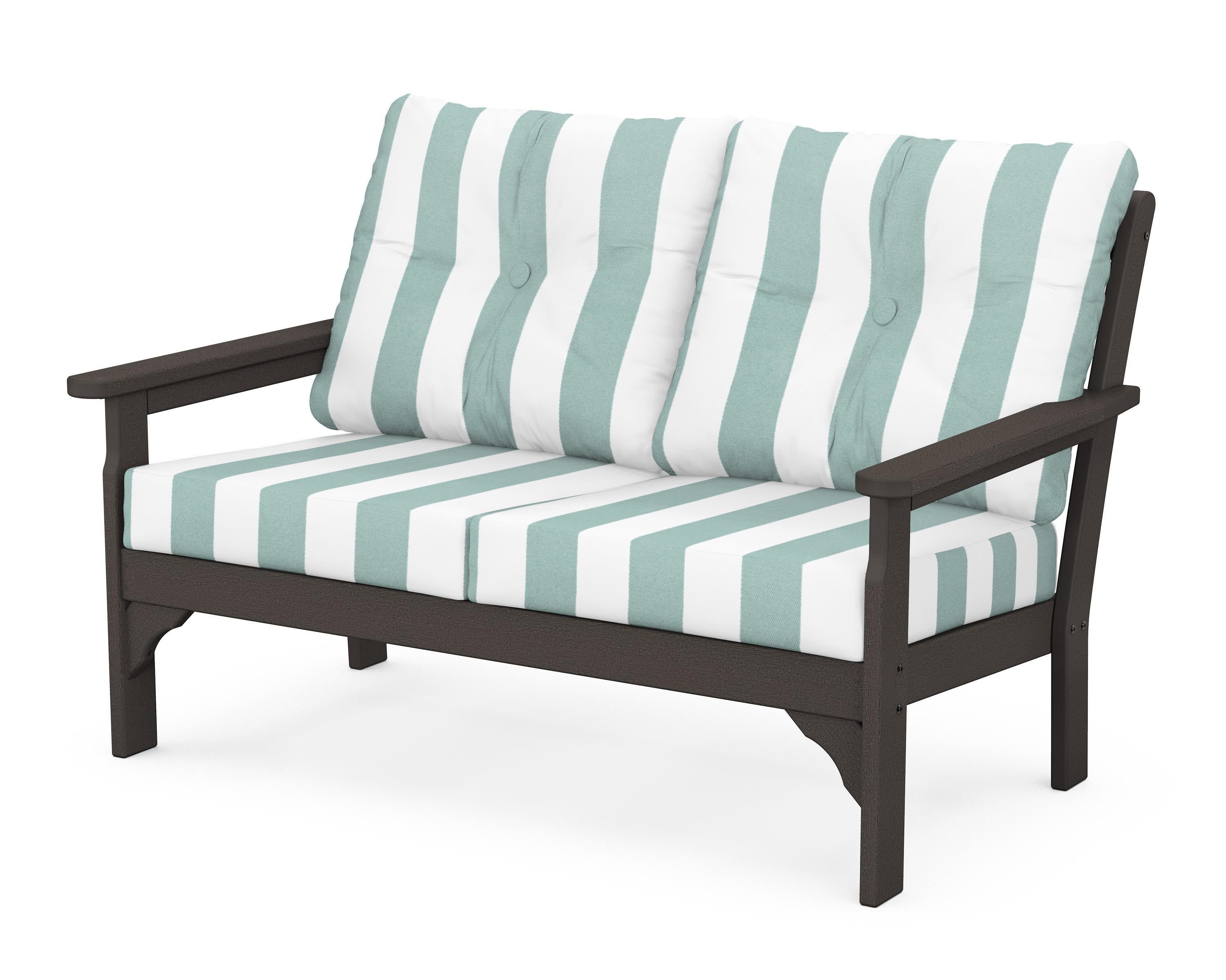 Vineyard Deep Seating Loveseat in Vintage Coffee / Cabana Stripe Glacier Spa