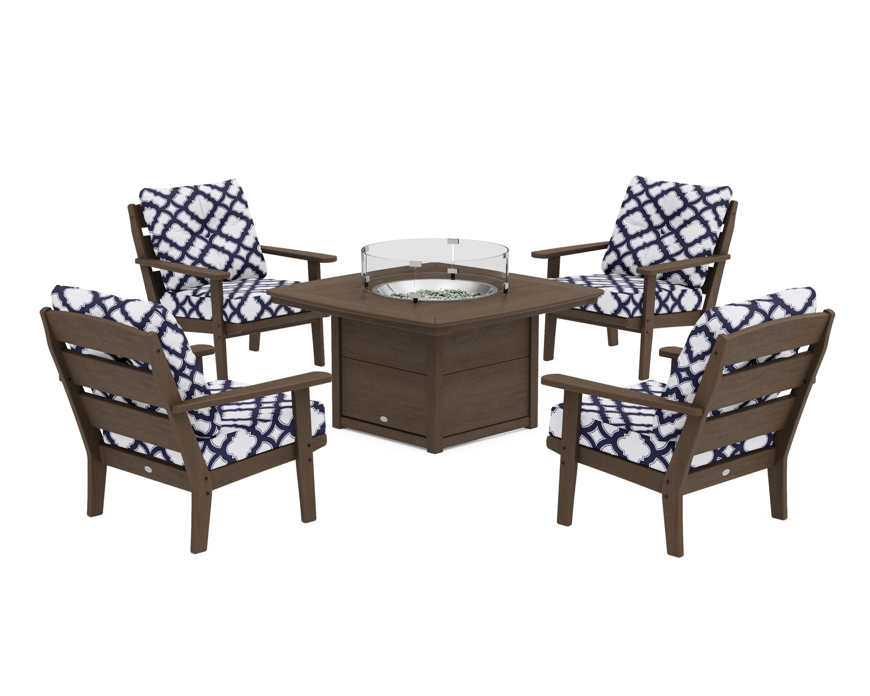 Lakeside 5-Piece Deep Seating Set with Nautical Fire Pit Table in Kona / Trellis Navy