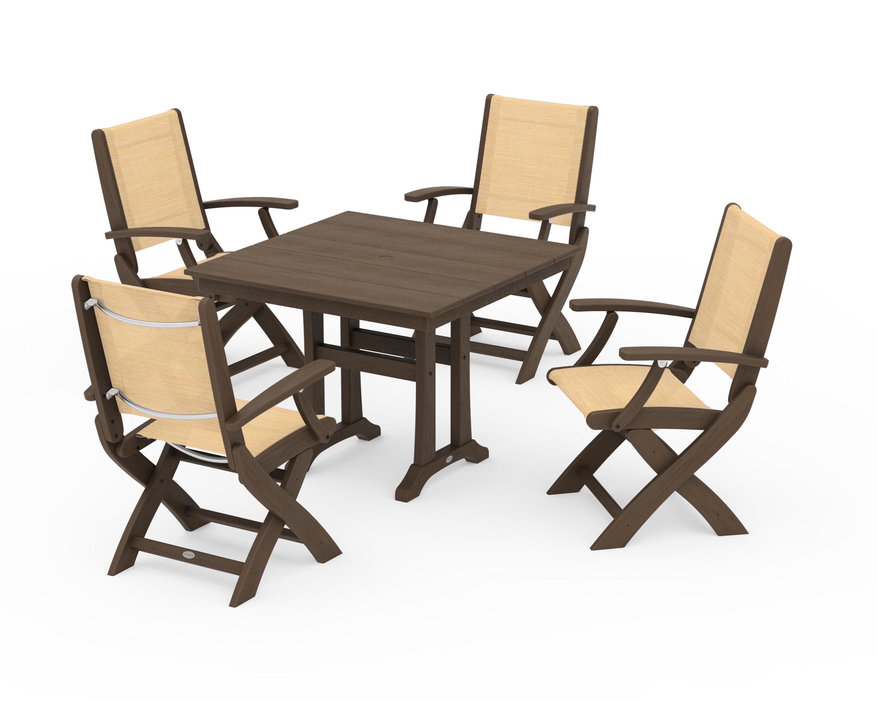 Coastal Folding Chair 5-Piece Farmhouse Dining Set With Trestle Legs in Kona / Dupioni Apricot Sling