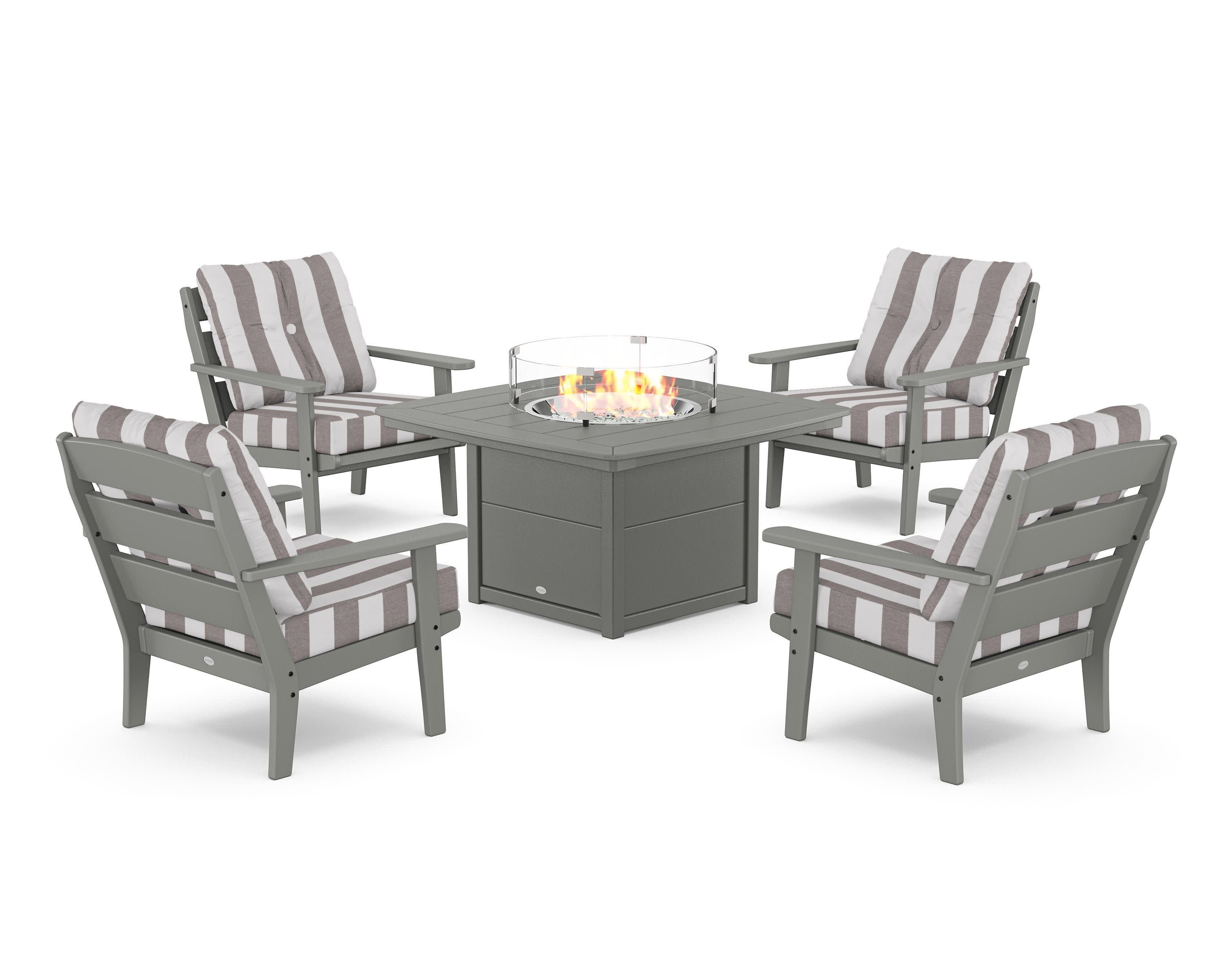 Lakeside 5-Piece Deep Seating Set with Nautical Fire Pit Table in Slate Grey / Cabana Stripe Grey Mist