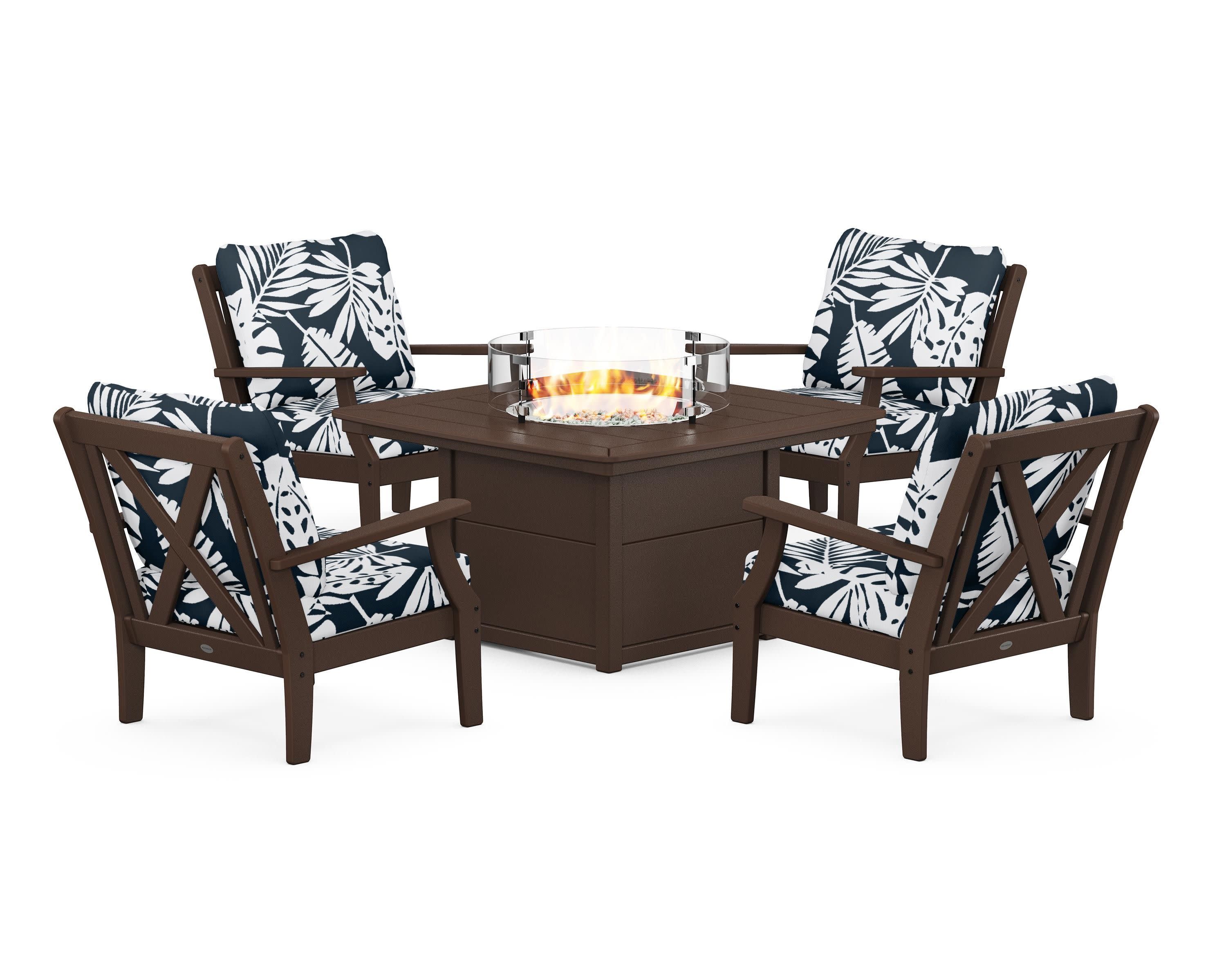 Braxton 5-Piece Deep Seating Conversation Set with Fire Pit Table in Mahogany / Leaf Marine Indigo