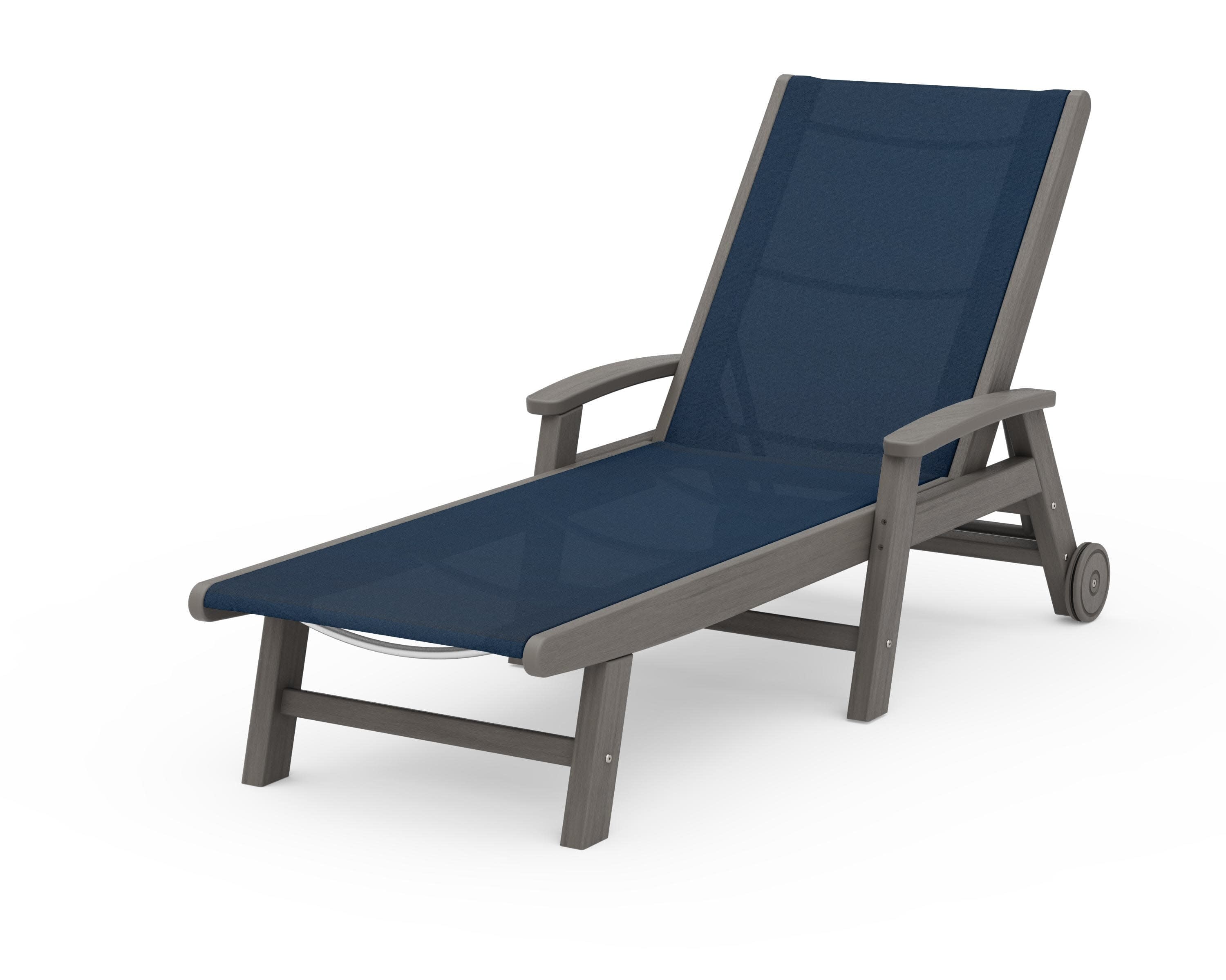 Coastal Chaise with Wheels in Driftwood / Navy Blue Sling
