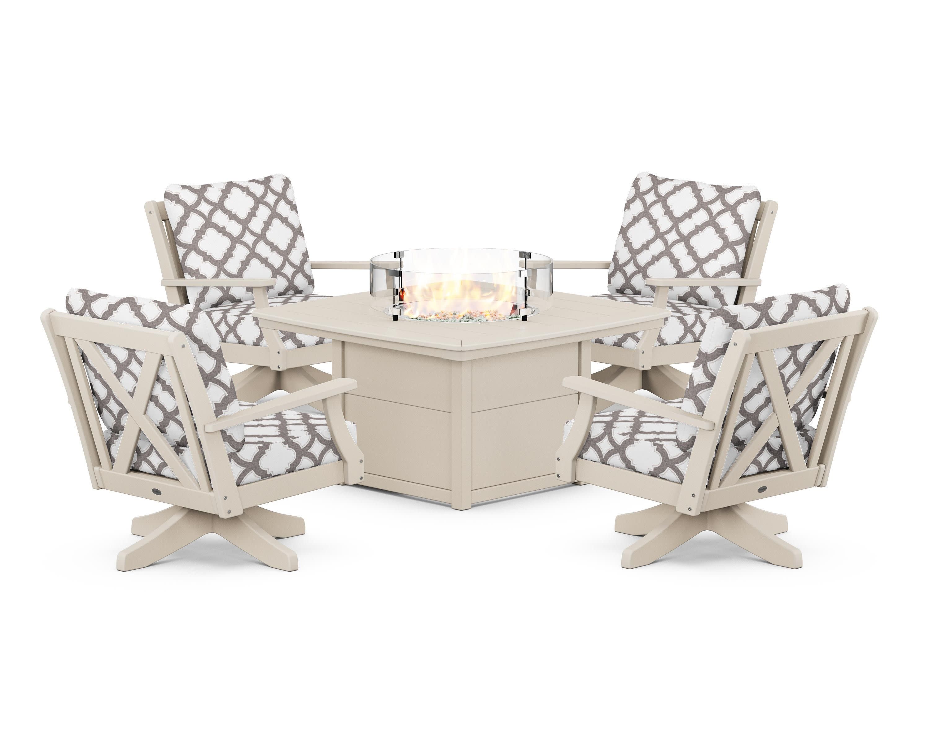 Braxton 5-Piece Deep Seating Swivel Conversation Set with Fire Pit Table in Sand / Trellis Grey Mist