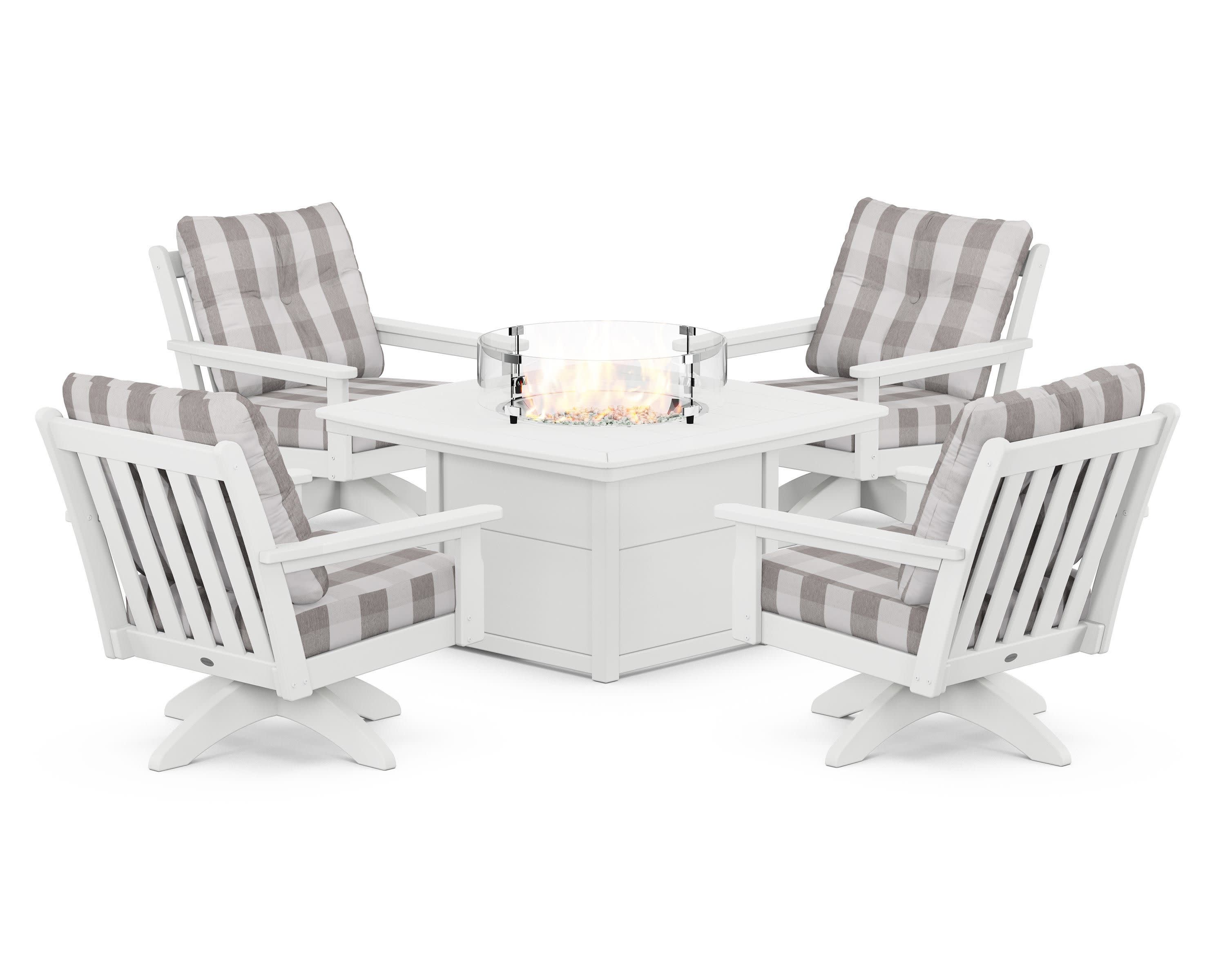 Vineyard 5-Piece Deep Seating Swivel Conversation Set with Fire Pit Table in White / Buffalo Plaid Grey Mist