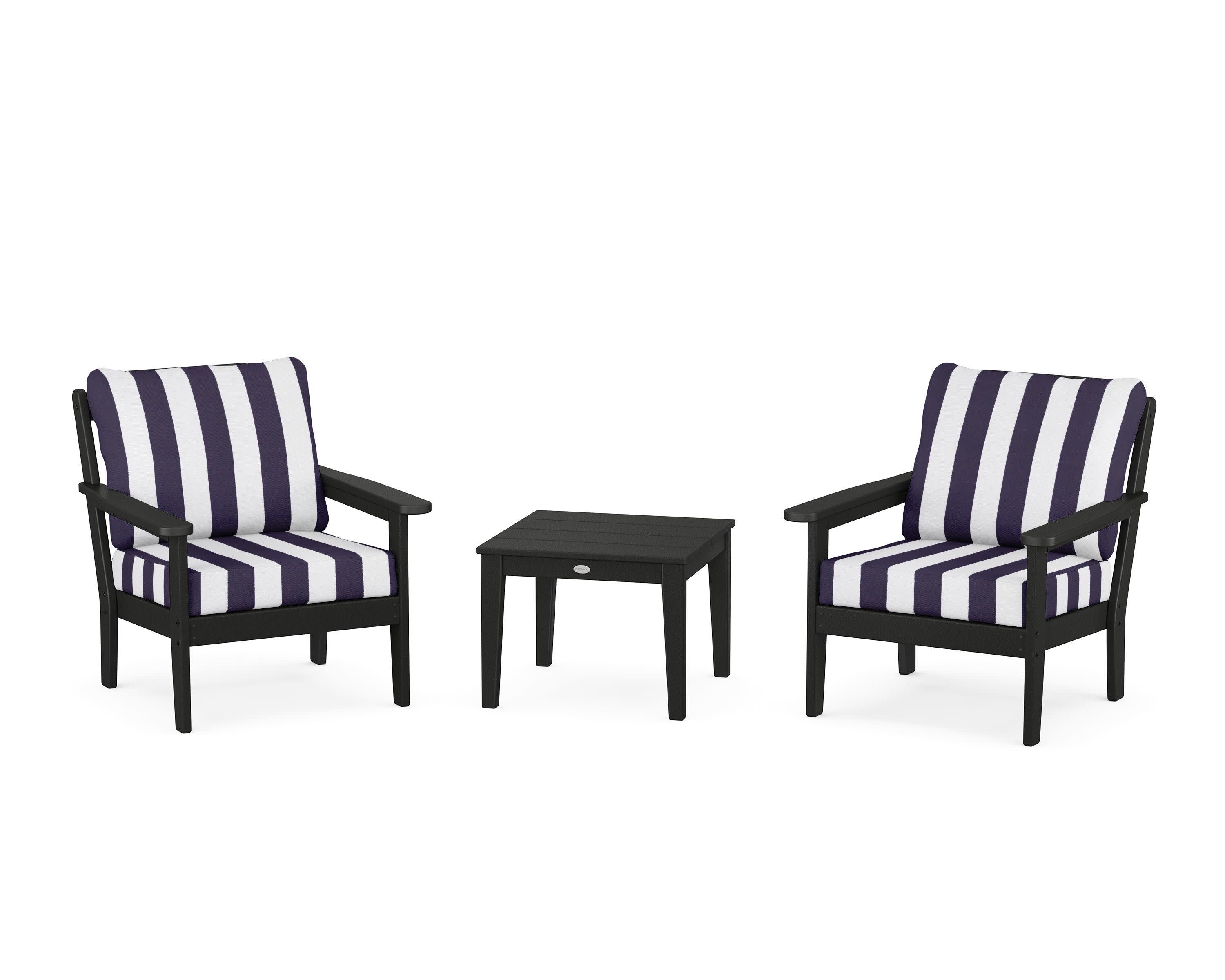 Cottage 3-Piece Deep Seating Set in Black / Cabana Stripe Navy