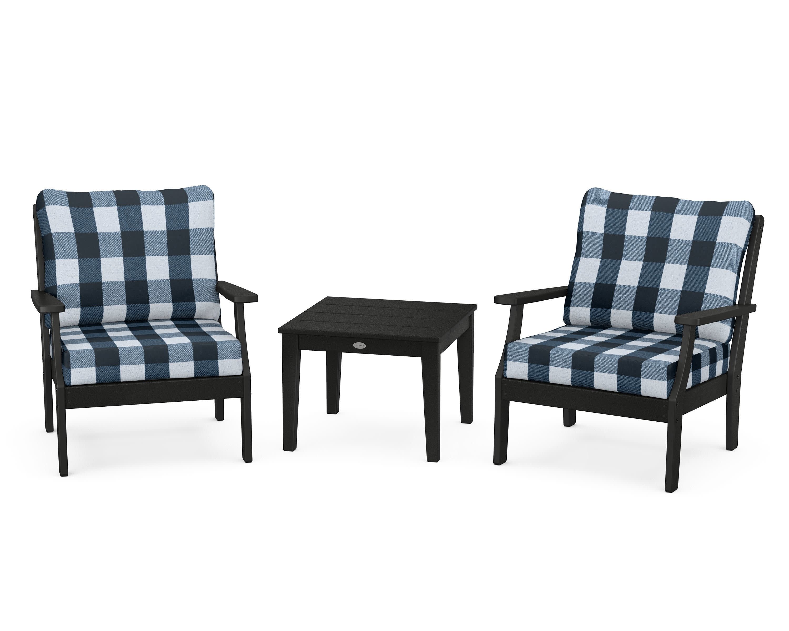 Braxton 3-Piece Deep Seating Set in Black / Buffalo Plaid Marine Indigo