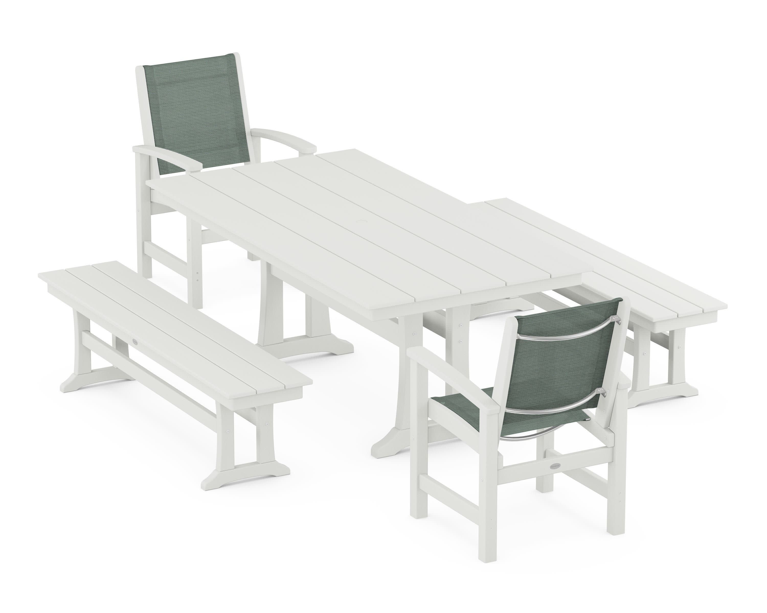 Coastal 5-Piece Farmhouse Dining Set with Trestle Legs and Benches in Vintage White / Dupioni Sea Mist Sling