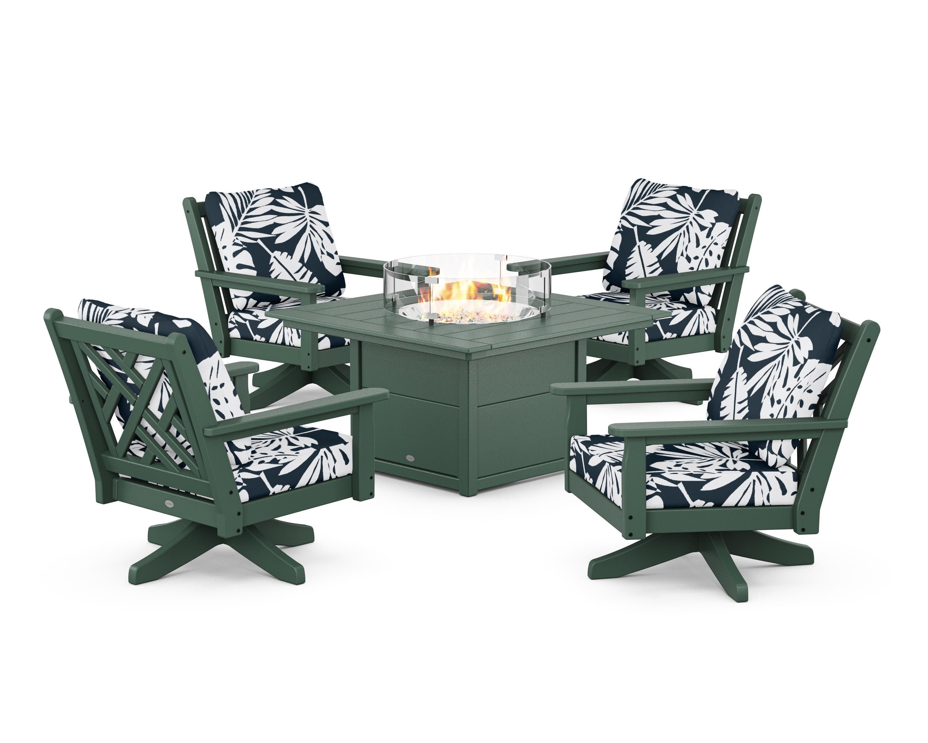 Chippendale 5-Piece Deep Seating Swivel Conversation Set with Fire Pit Table in Green / Leaf Marine Indigo