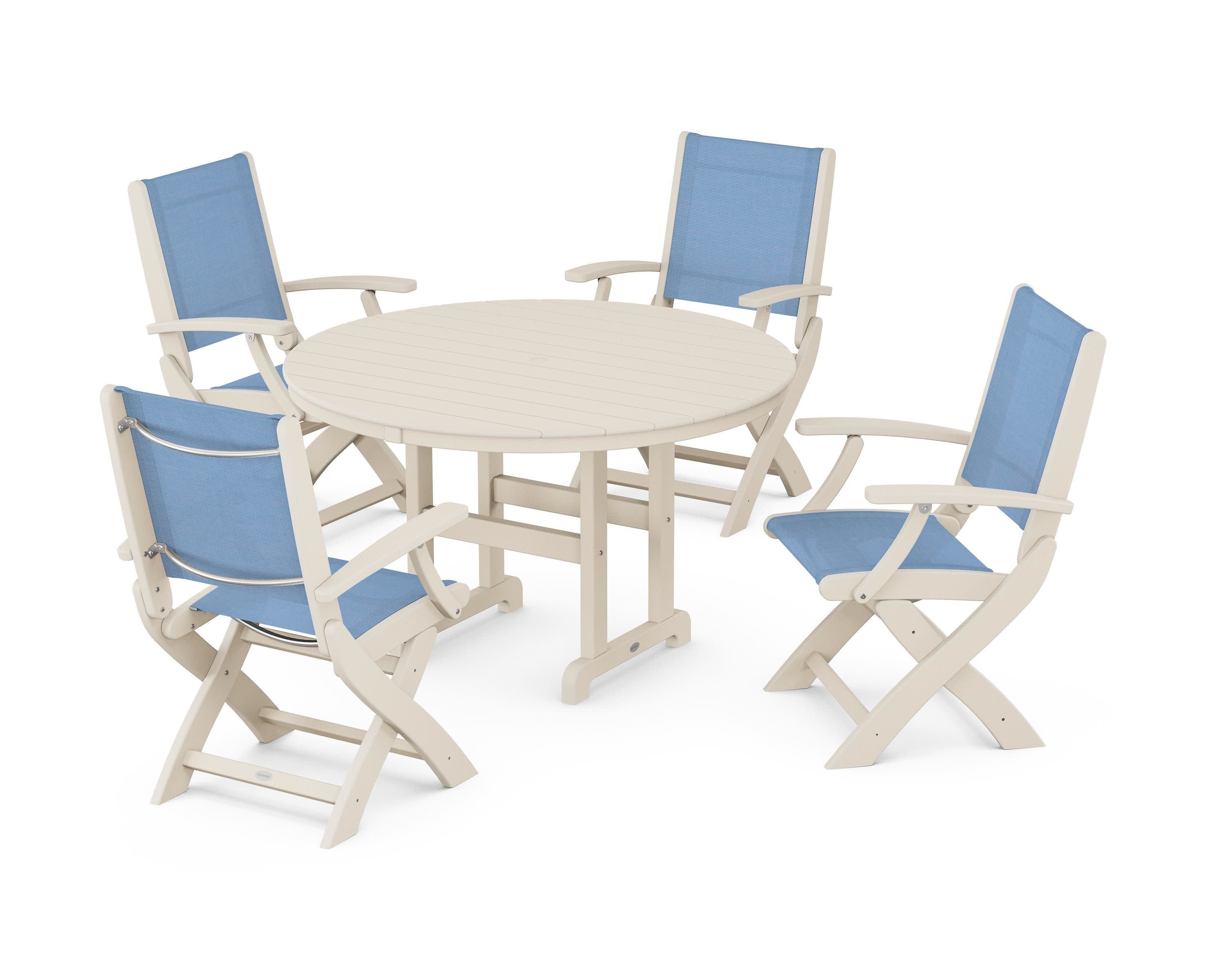 Coastal Folding Chair 5-Piece Round Dining Set in Sand / Poolside Sling