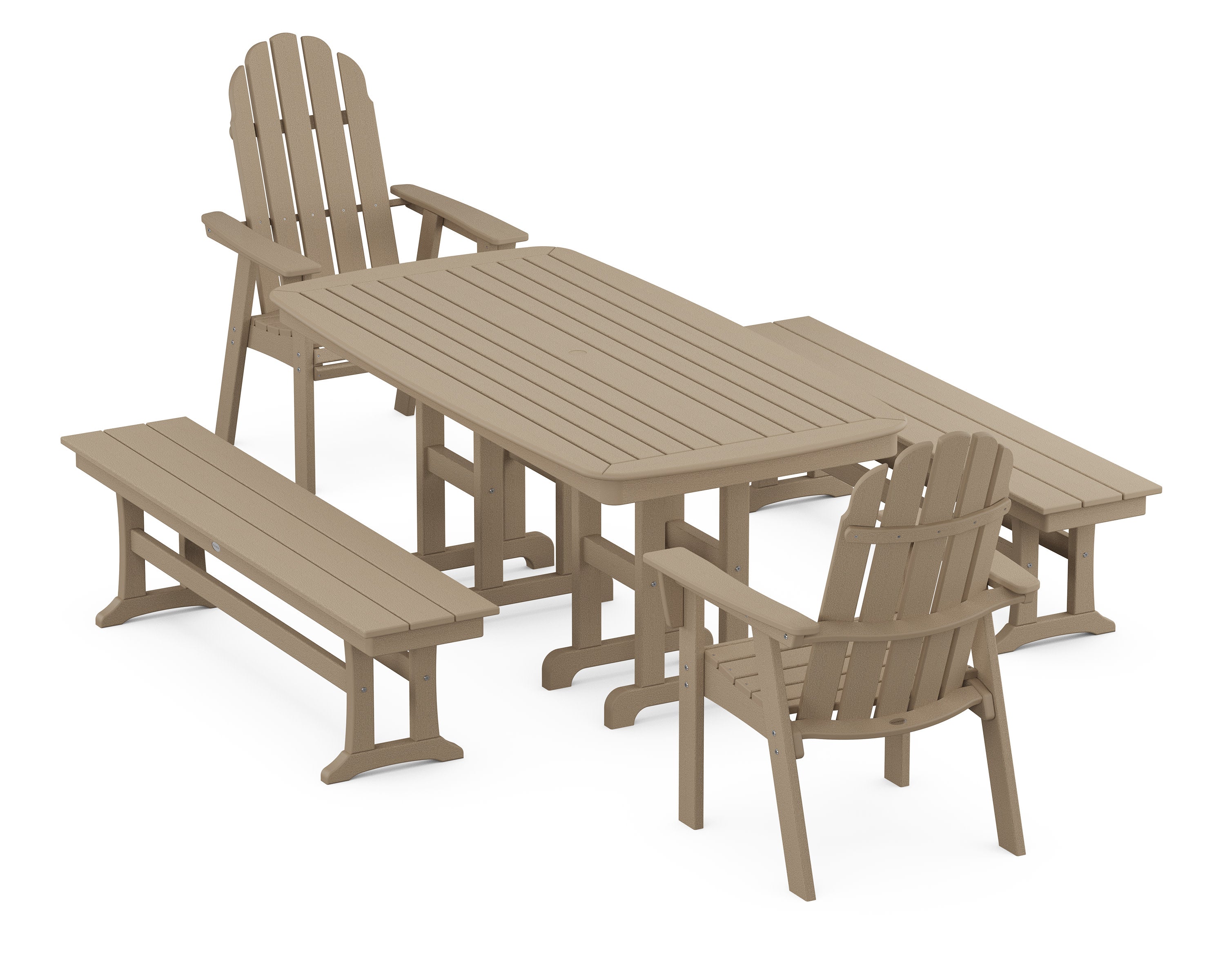 Vineyard Adirondack 5-Piece Dining Set with Benches in Vintage Sahara