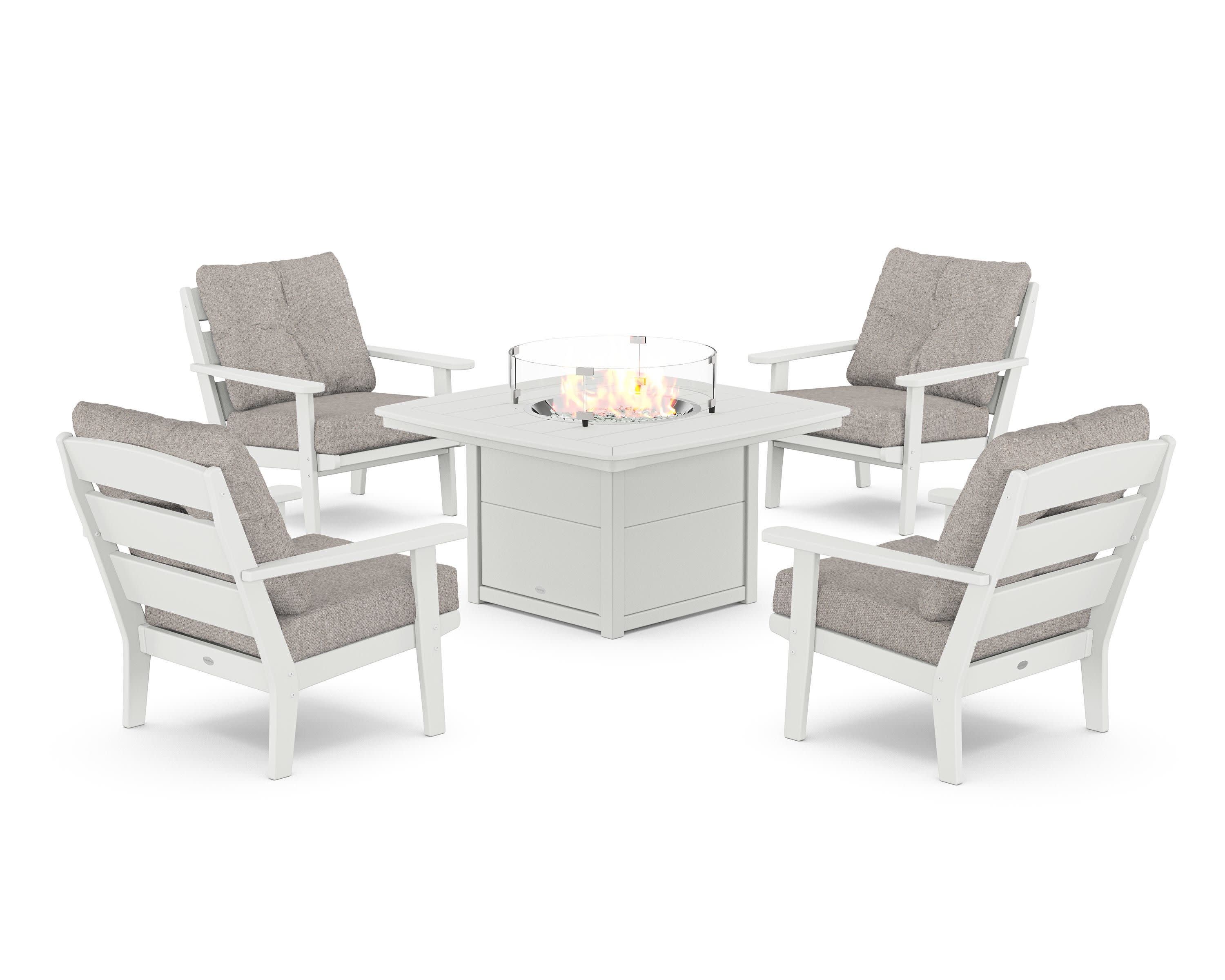 Lakeside 5-Piece Deep Seating Set with Nautical Fire Pit Table in White / Weathered Tweed