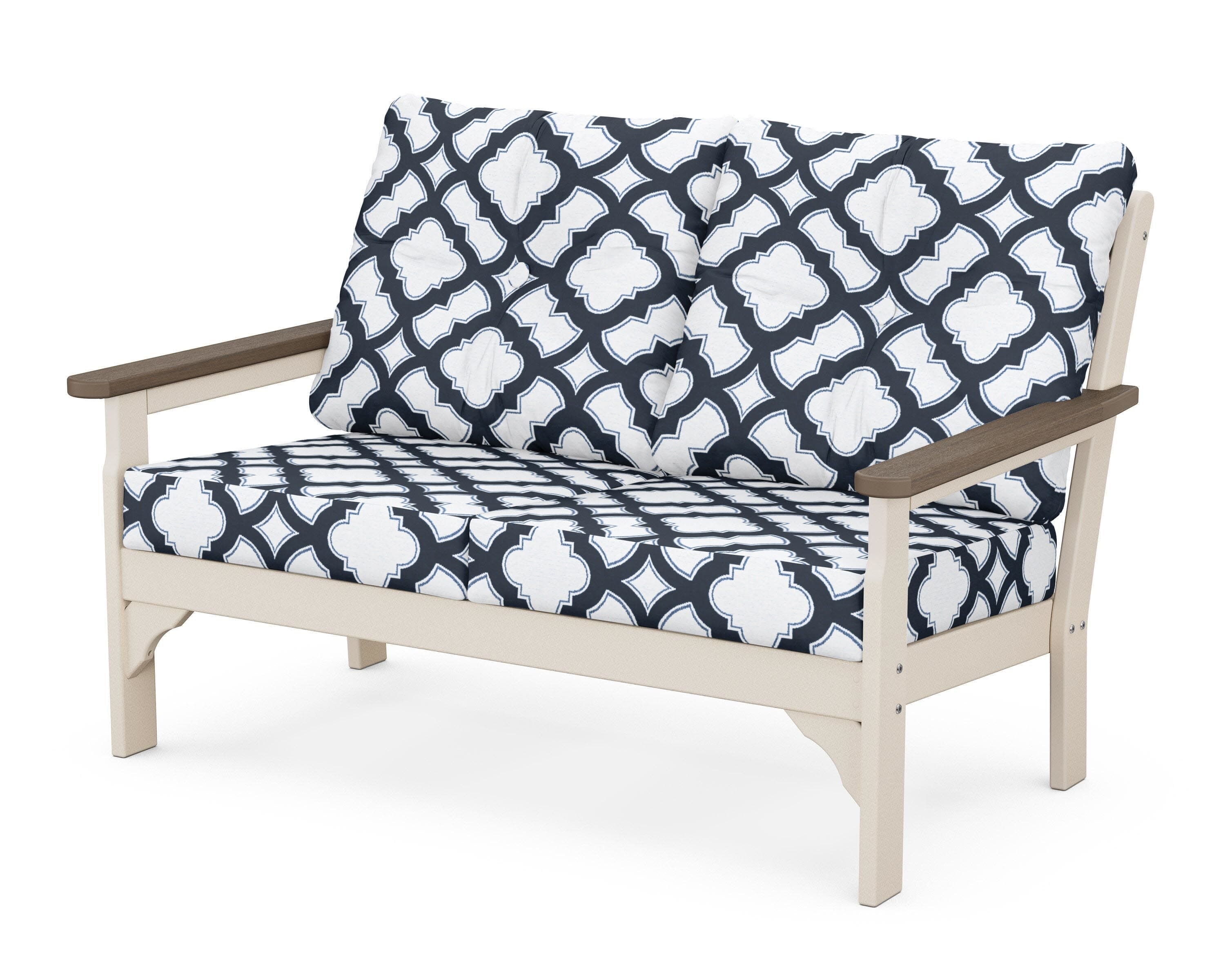 Vineyard Deep Seating Loveseat in Sand / Kona / Trellis Marine Indigo
