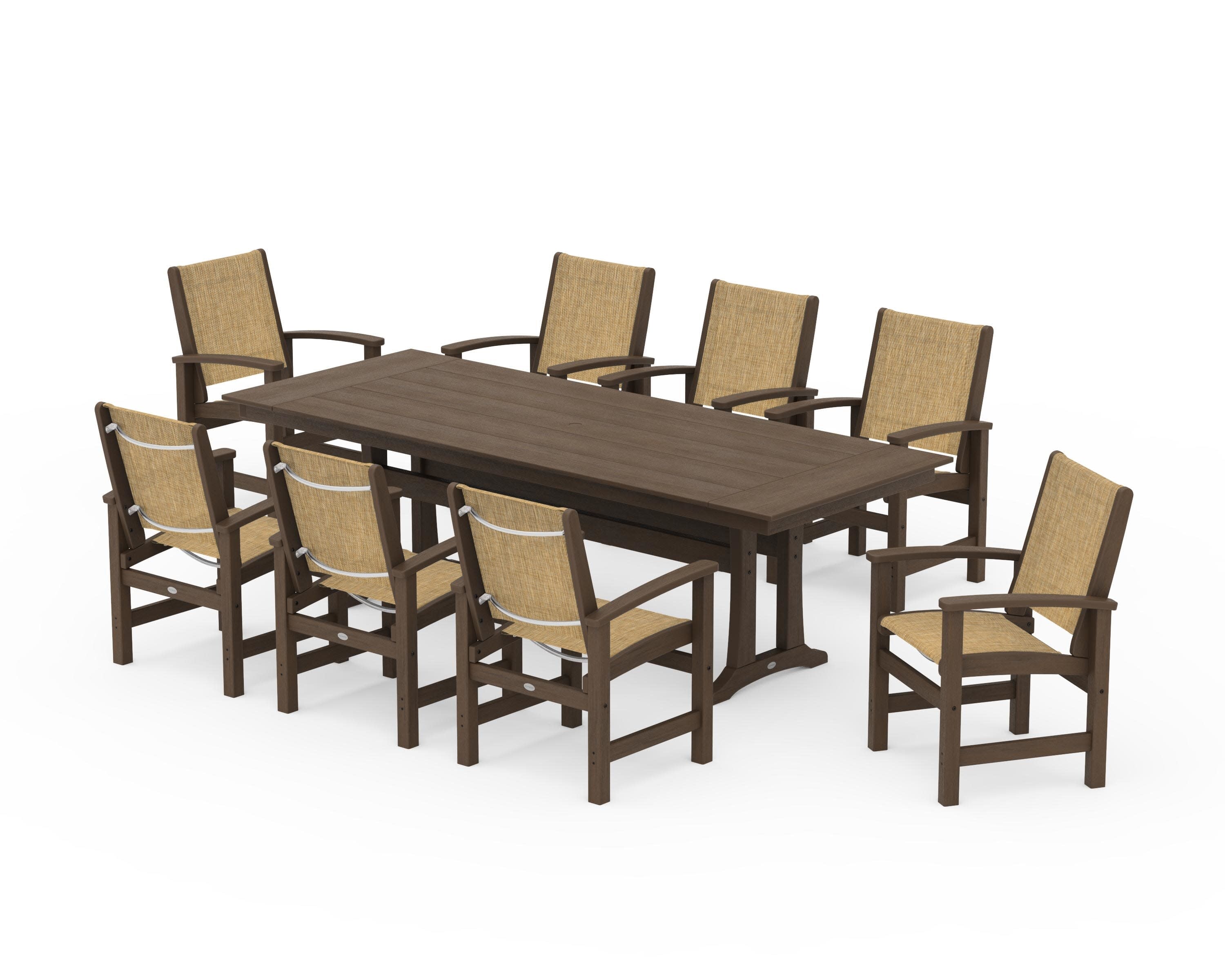Coastal 9-Piece Farmhouse Dining Set with Trestle Legs in Kona / Burlap Sling