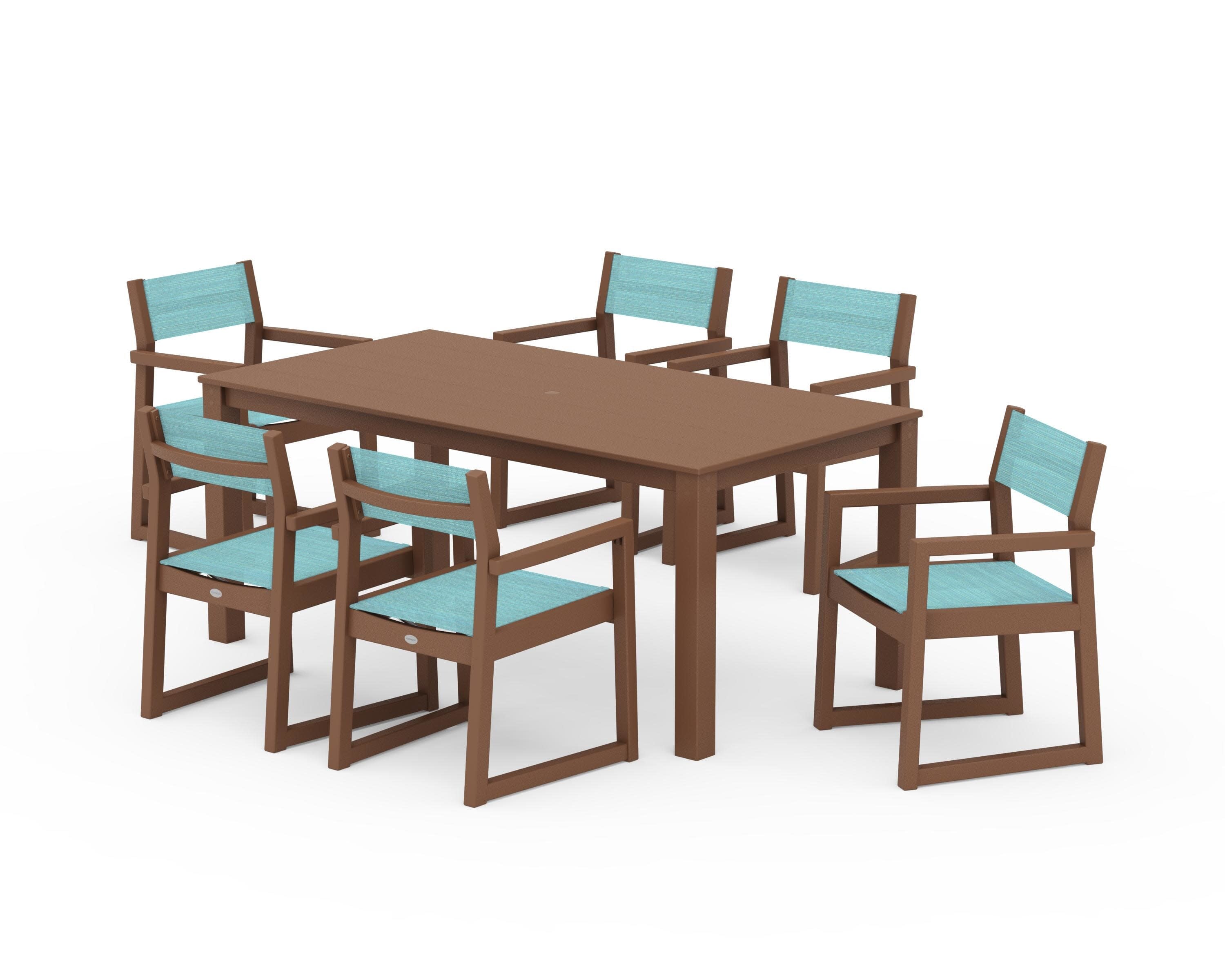 EDGE Sling Arm Chair 7-Piece Parsons Dining Set in Teak / Dupioni Aquamarine Sling