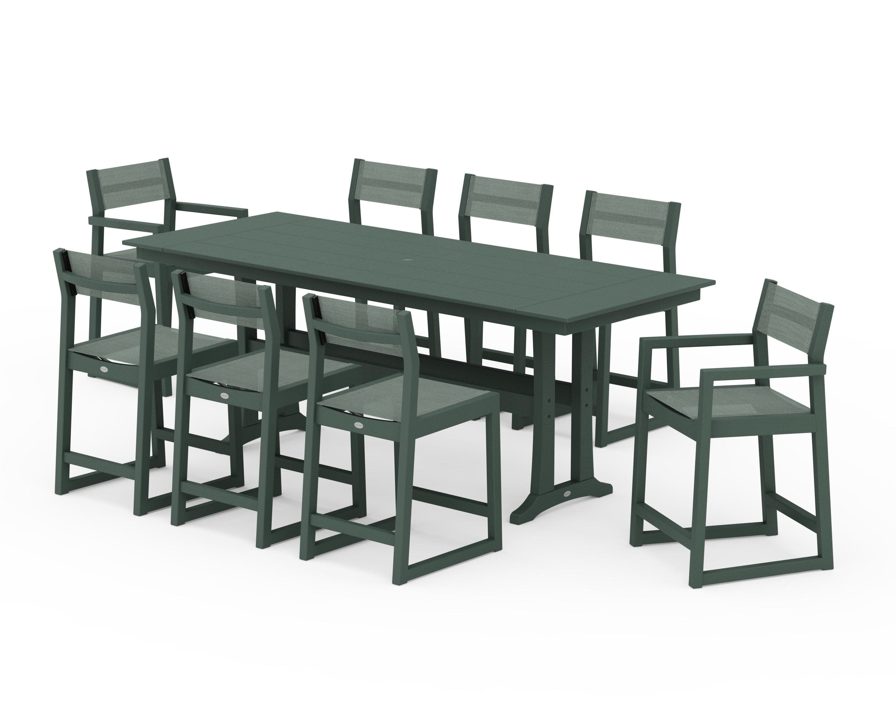 EDGE Sling 9-Piece Farmhouse Counter Set with Trestle Legs in Green / Dupioni Sea Mist Sling