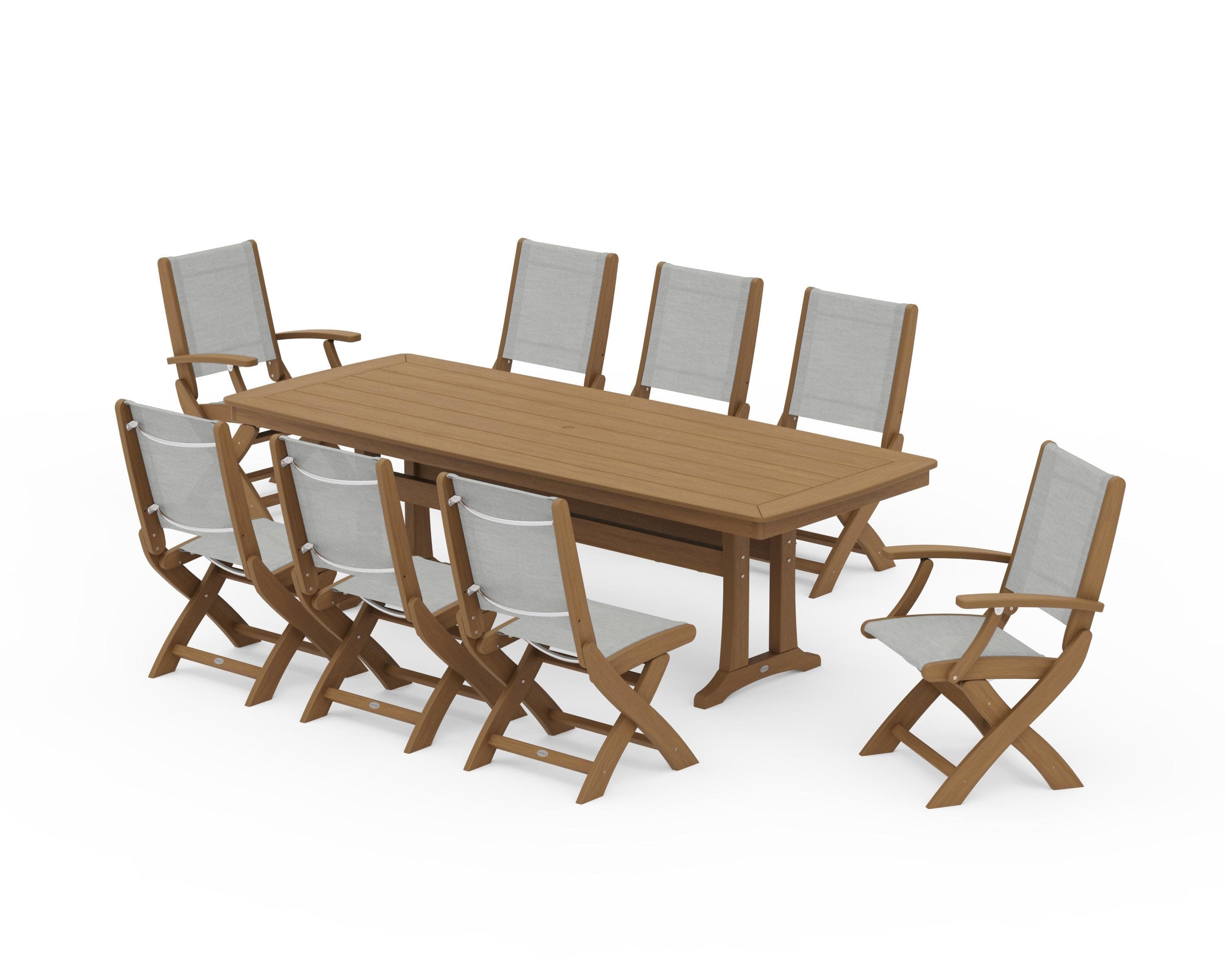 Coastal Folding 9-Piece Dining Set with Trestle Legs in Natural / Metallic Sling