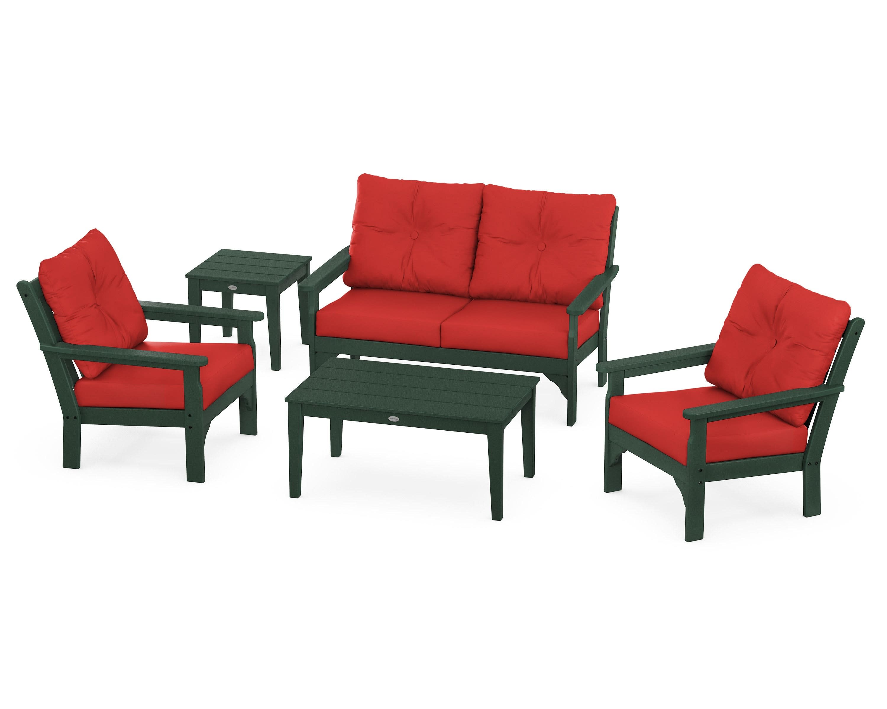 Vineyard 5-Piece Deep Seating Set in Green / Crimson Linen