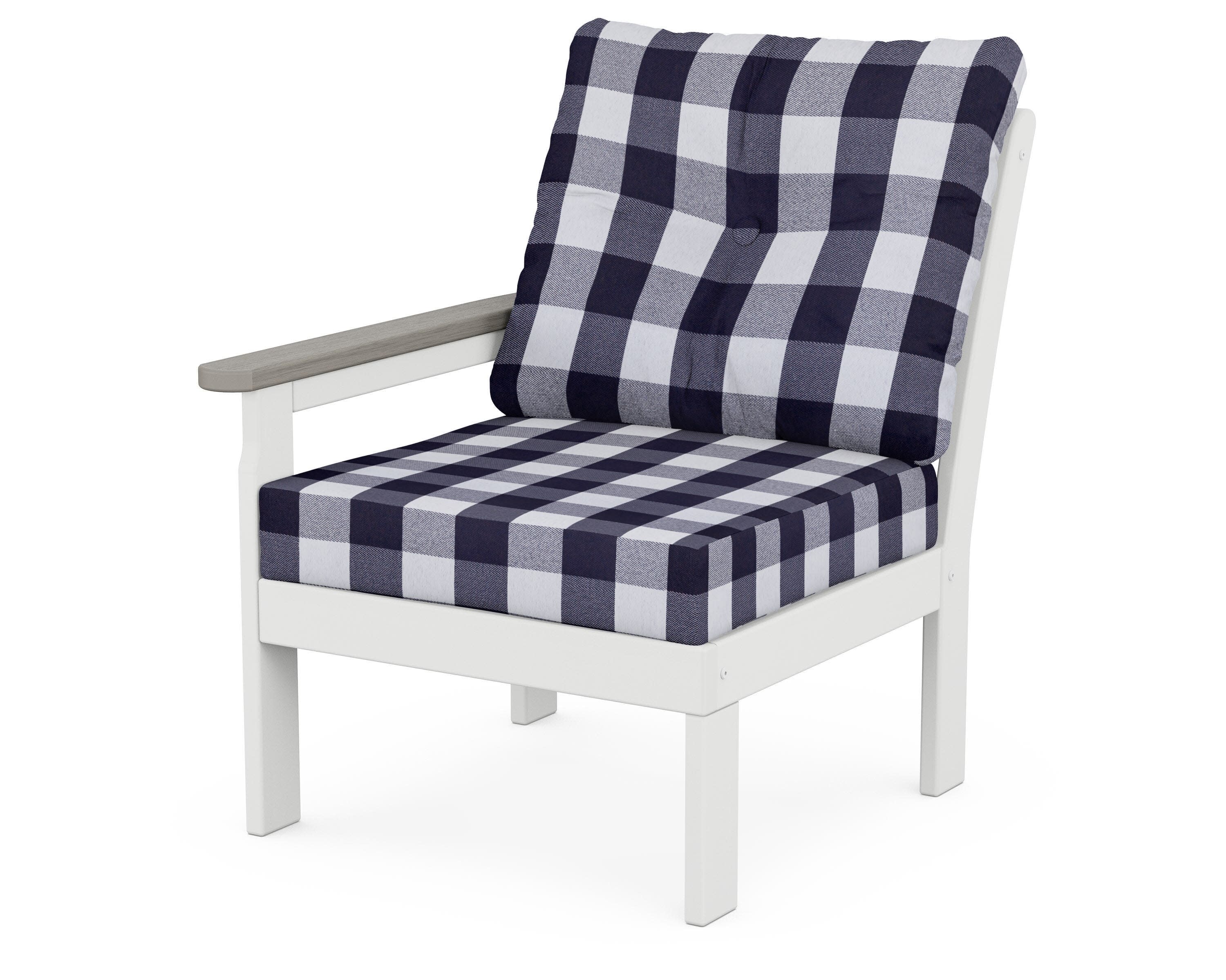 Vineyard Modular Left Arm Chair in White / Driftwood / Buffalo Plaid Navy