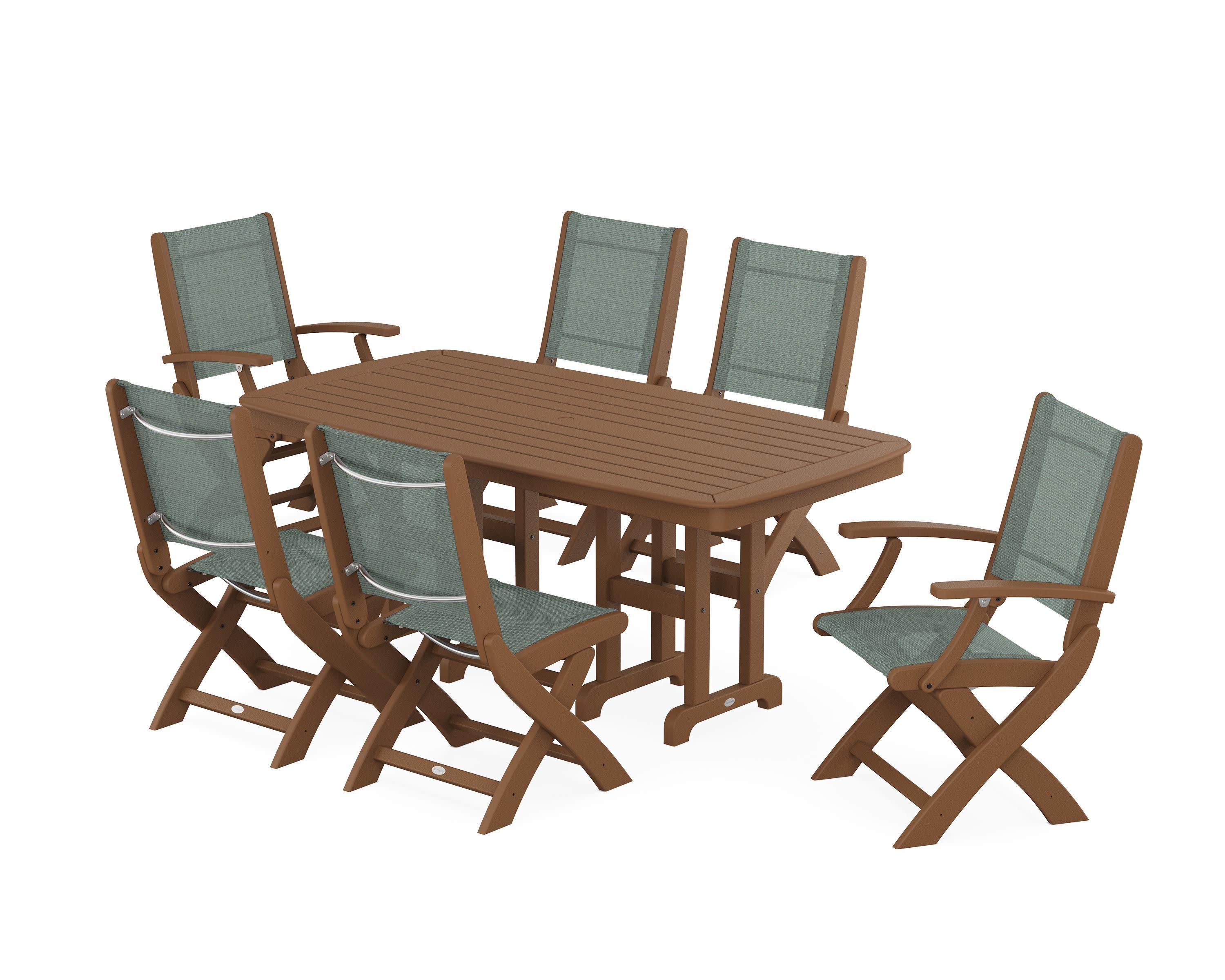 Coastal Folding Chair 7-Piece Dining Set in Teak / Dupioni Sea Mist Sling