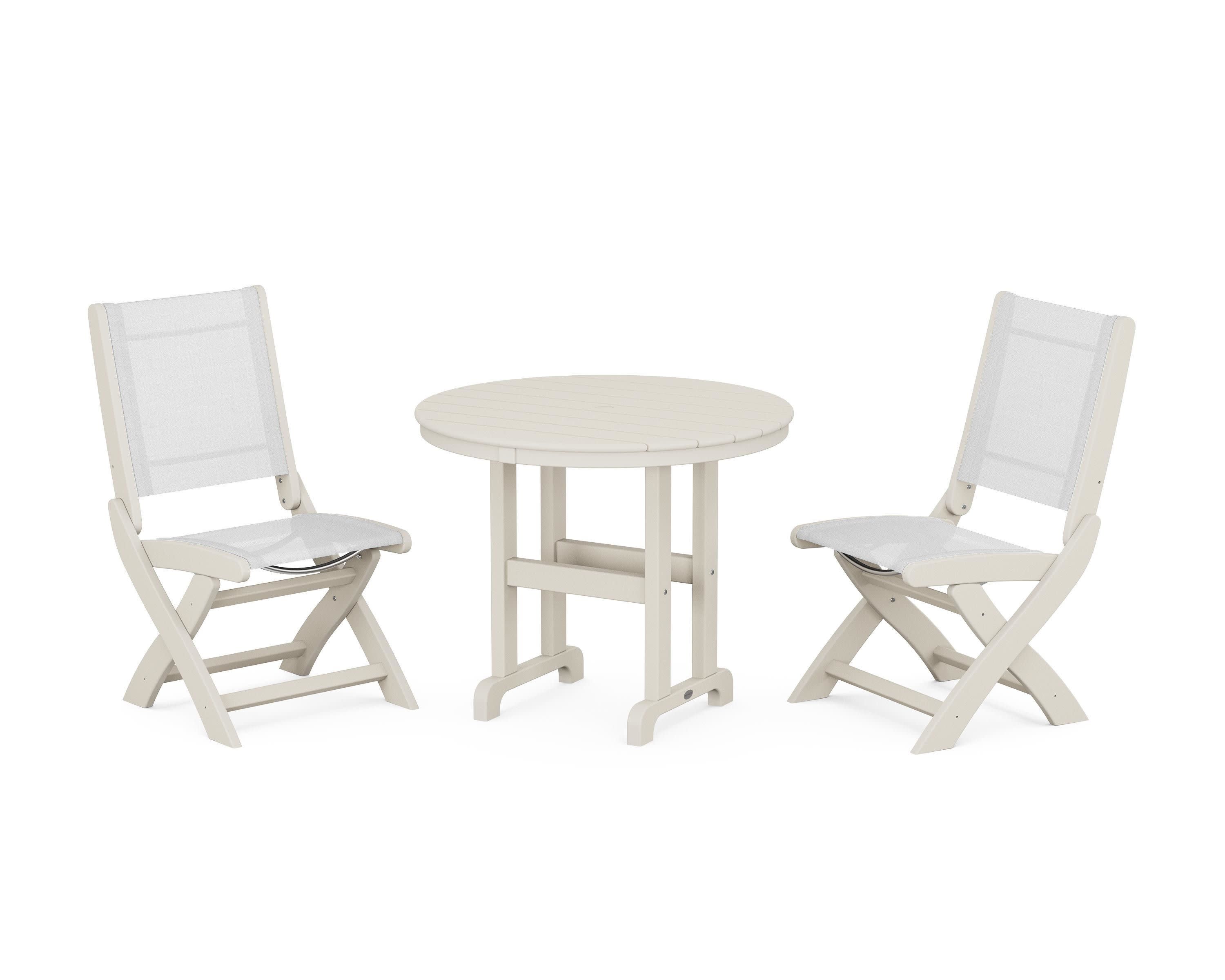 Coastal Folding Side Chair 3-Piece Round Dining Set in Sand / White Sling