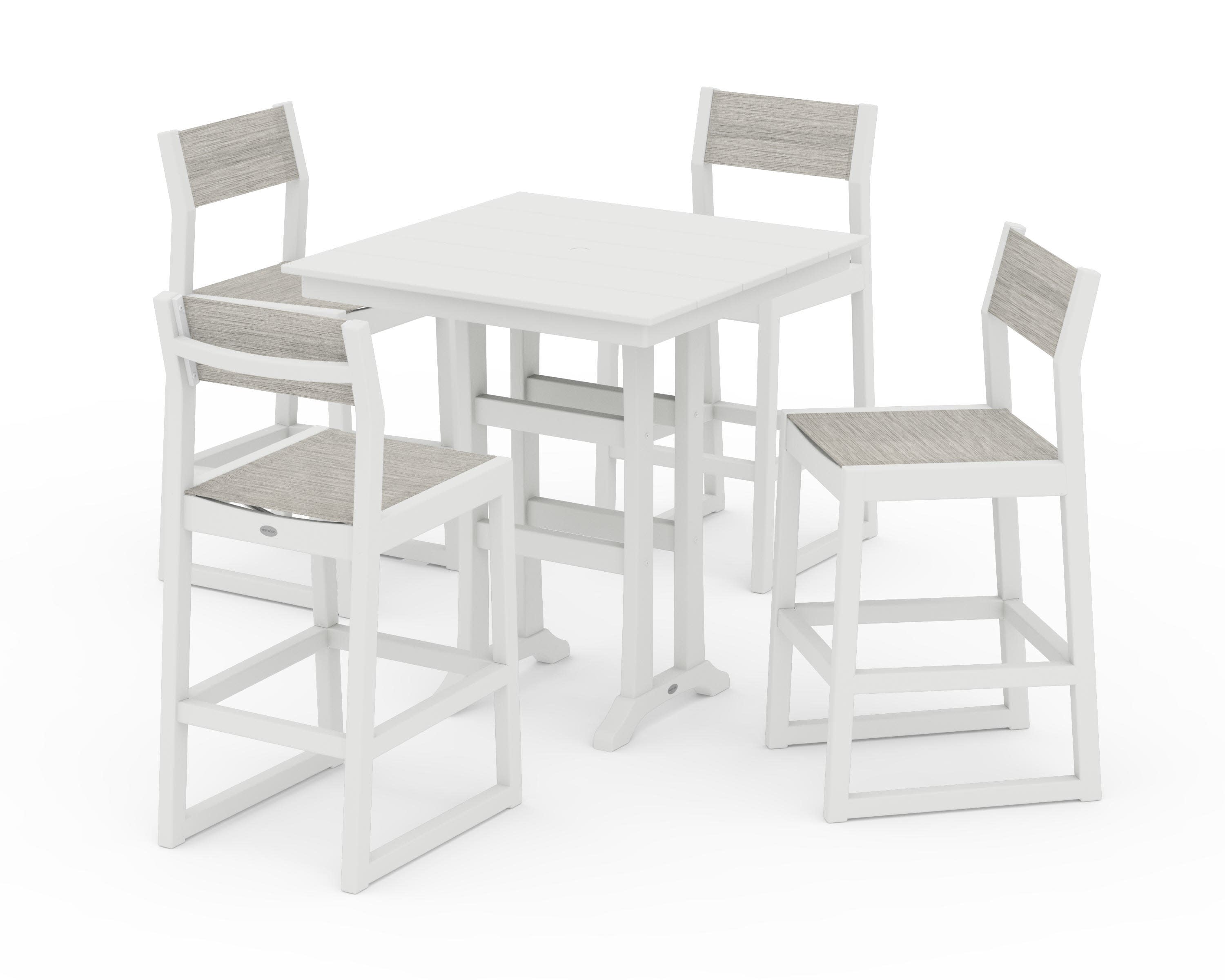 EDGE Sling Arm Chair 5-Piece Farmhouse Bar Set with Trestle Legs in Vintage White / Birch Sling