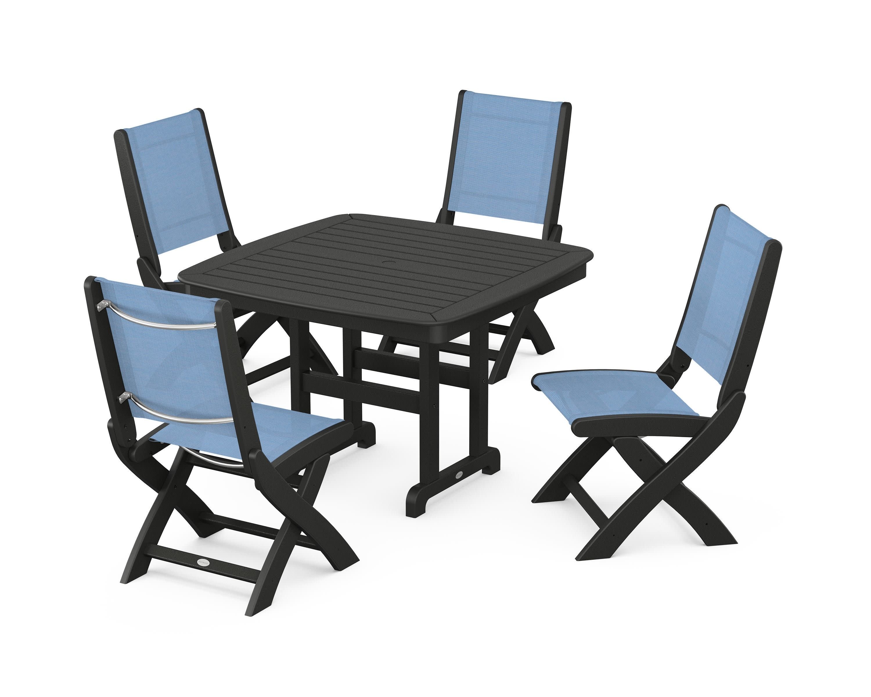 Coastal Folding Side Chair 5-Piece Dining Set in Black / Poolside Sling
