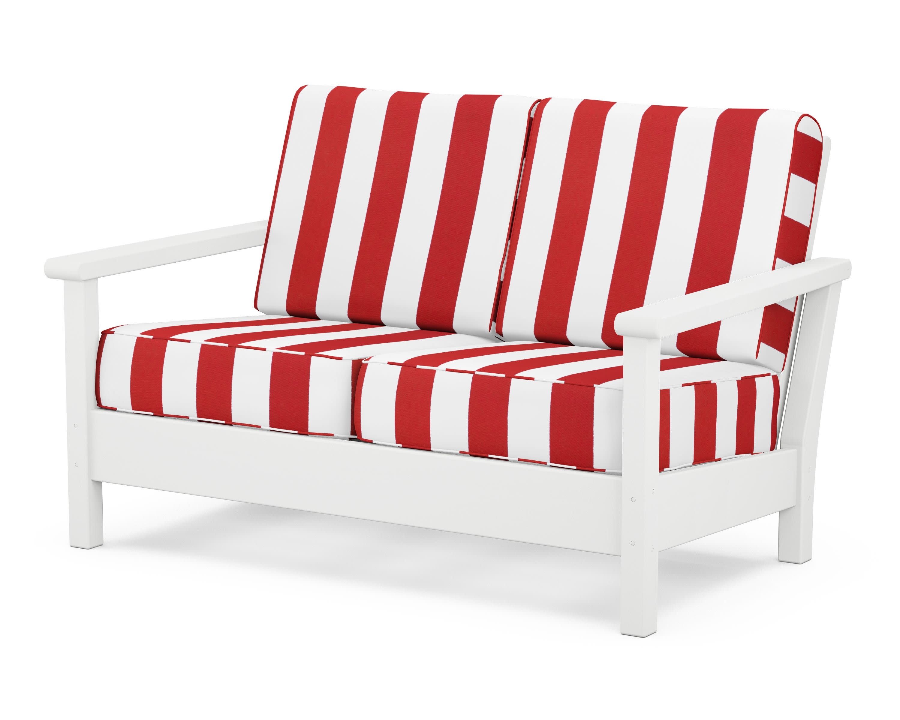 Harbour Deep Seating Loveseat in White / Cabana Stripe Crimson