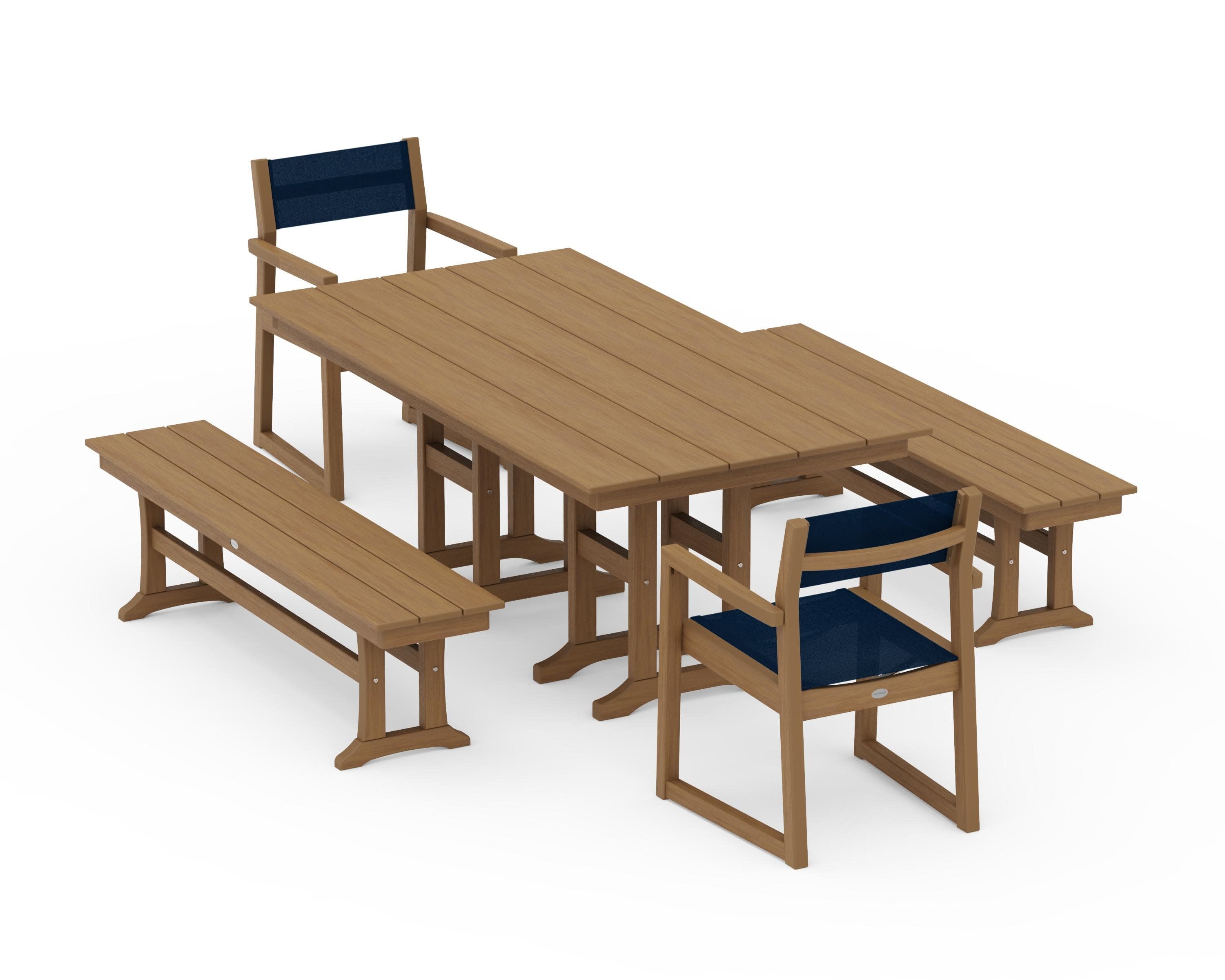 EDGE Sling Arm Chair 5-Piece Farmhouse Dining Set with Benches in Natural / Navy Blue Sling