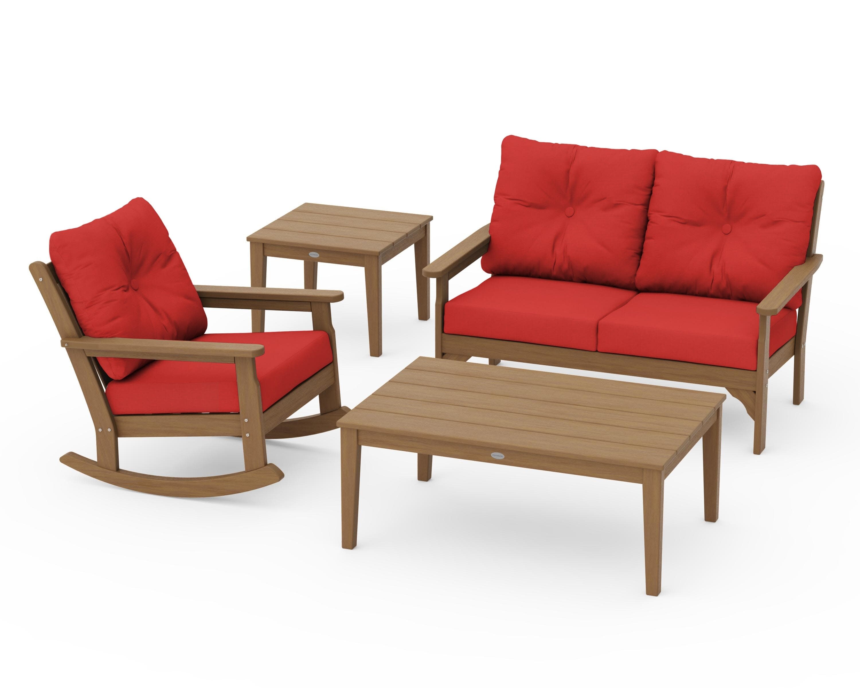 Vineyard 4-Piece Deep Seating Rocker Set in Natural / Crimson Linen