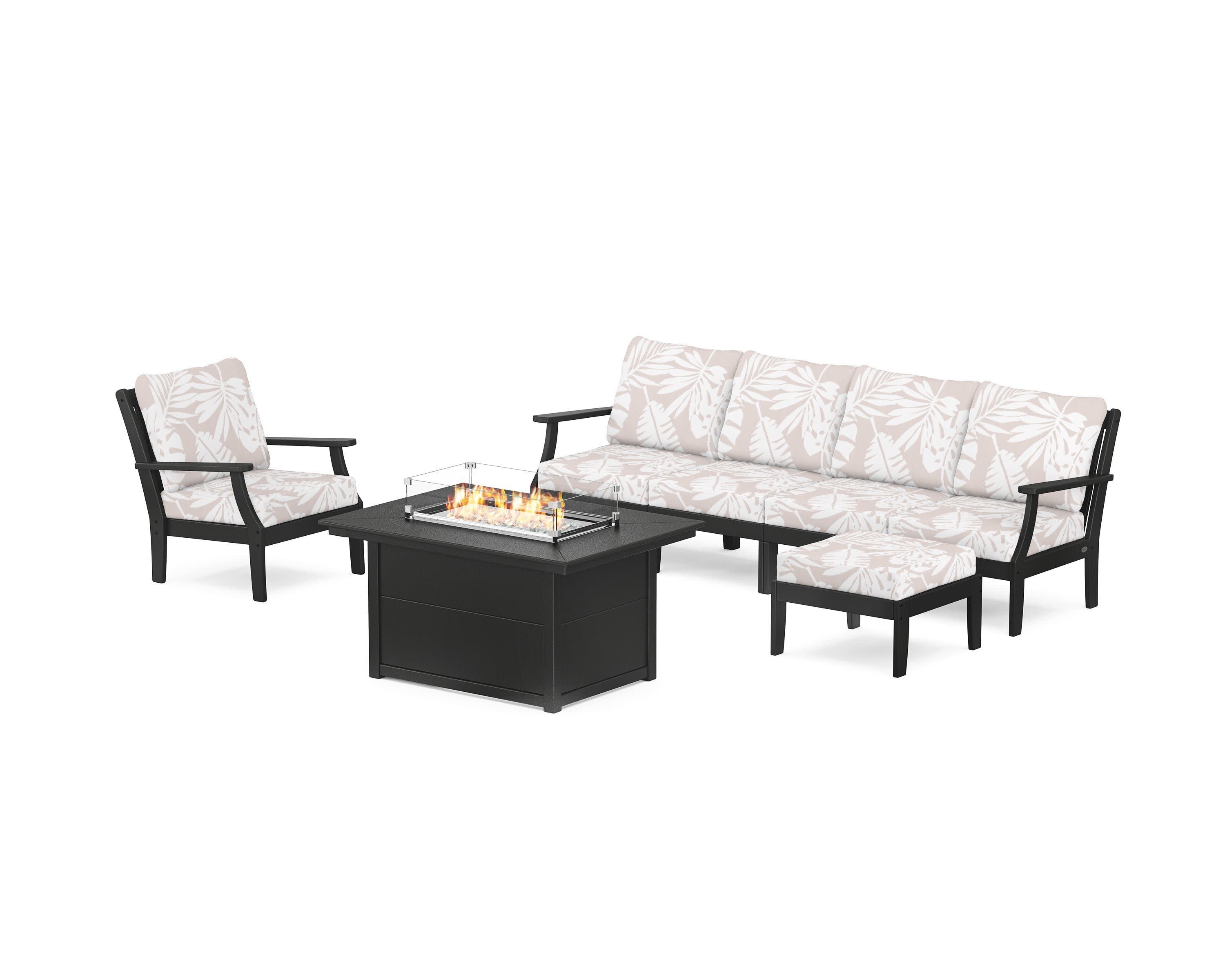 Braxton Sectional Lounge and Fire Pit Set in Black / Leaf Dune Burlap