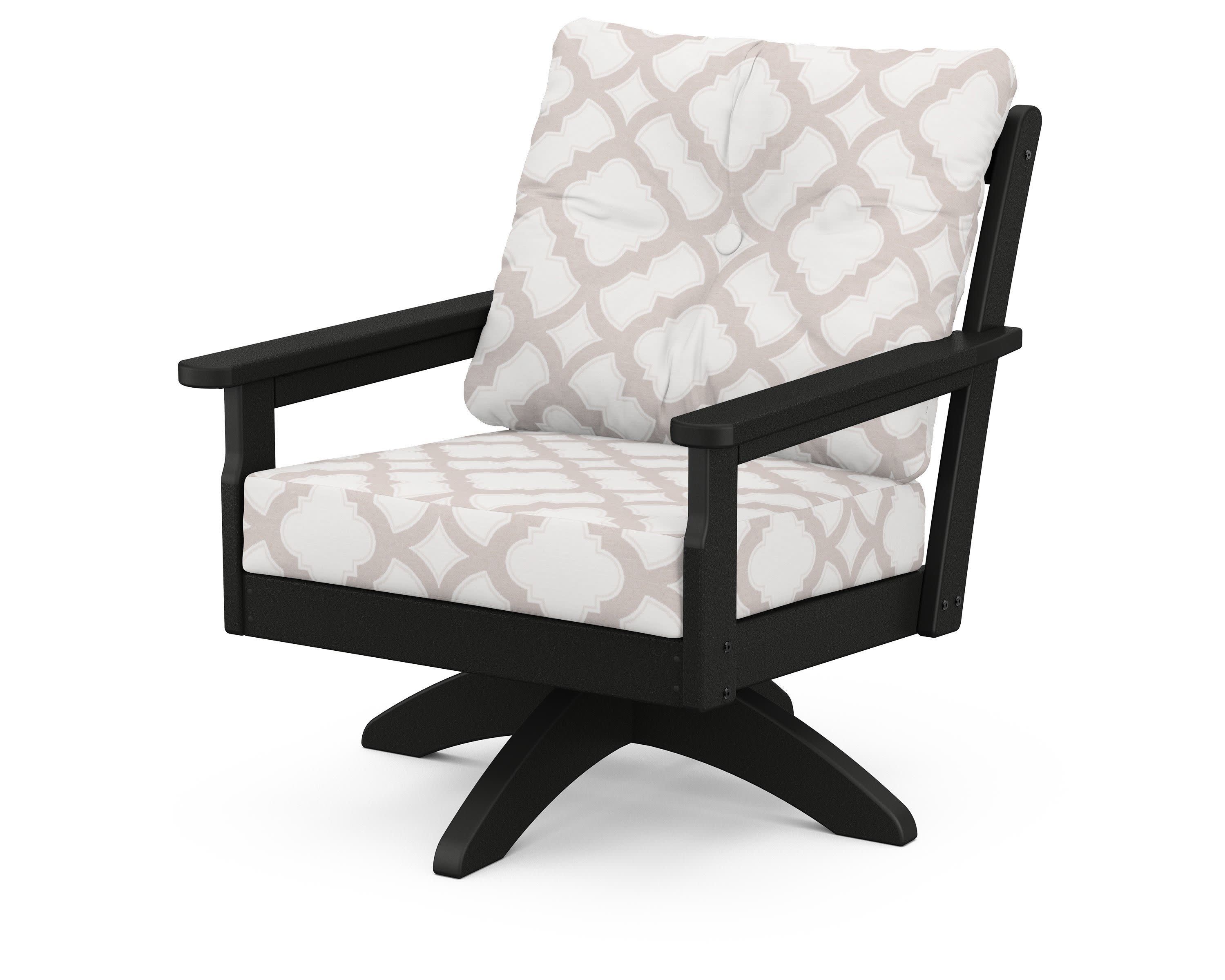 Vineyard Deep Seating Swivel Chair in Black / Trellis Dune Burlap