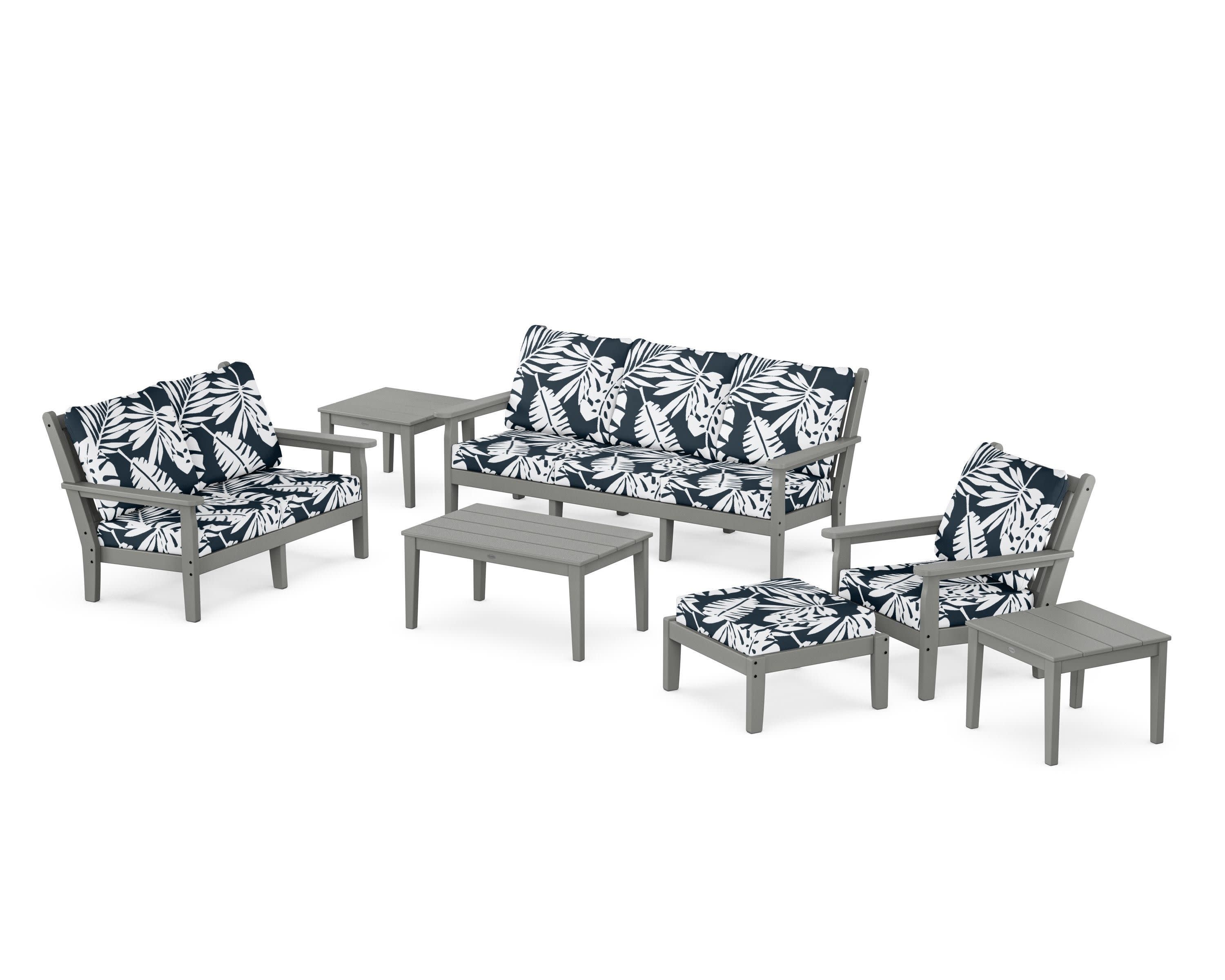 Chippendale 7-Piece Deep Seating Set in Slate Grey / Leaf Marine Indigo