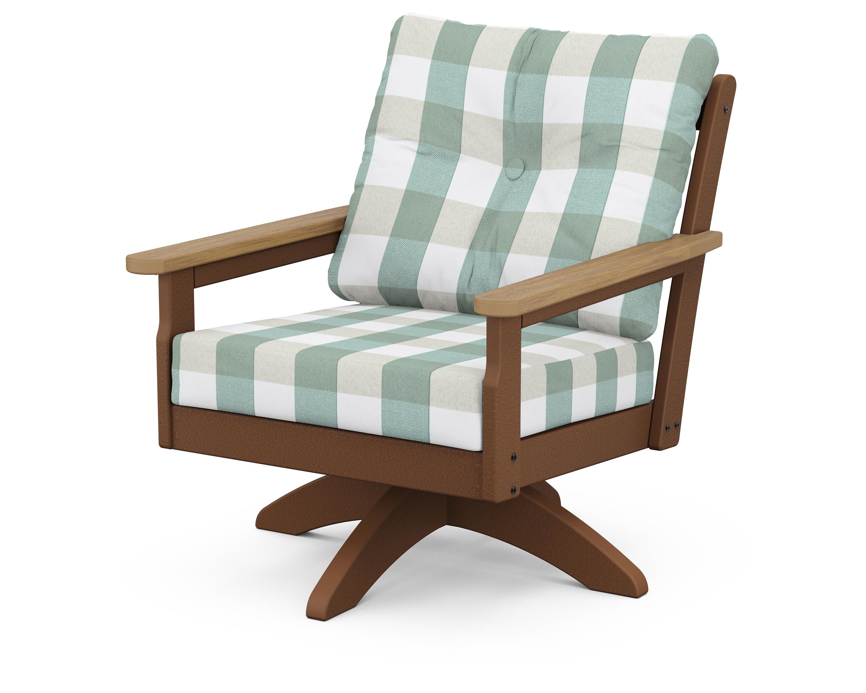 Vineyard Deep Seating Swivel Chair in Teak / Natural / Buffalo Plaid Glacier Spa