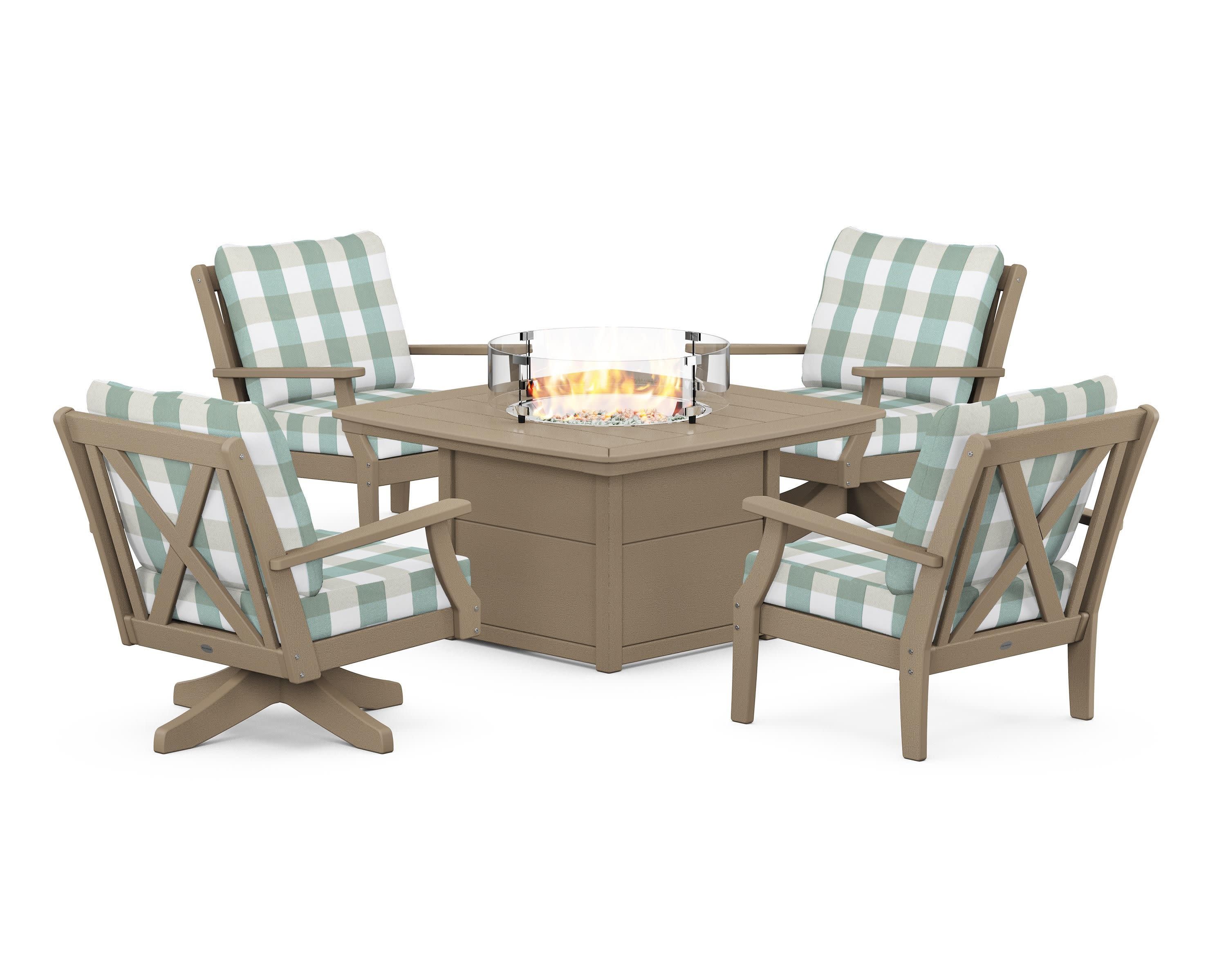 Braxton 5-Piece Deep Seating Set with Fire Table in Vintage Sahara / Buffalo Plaid Glacier Spa