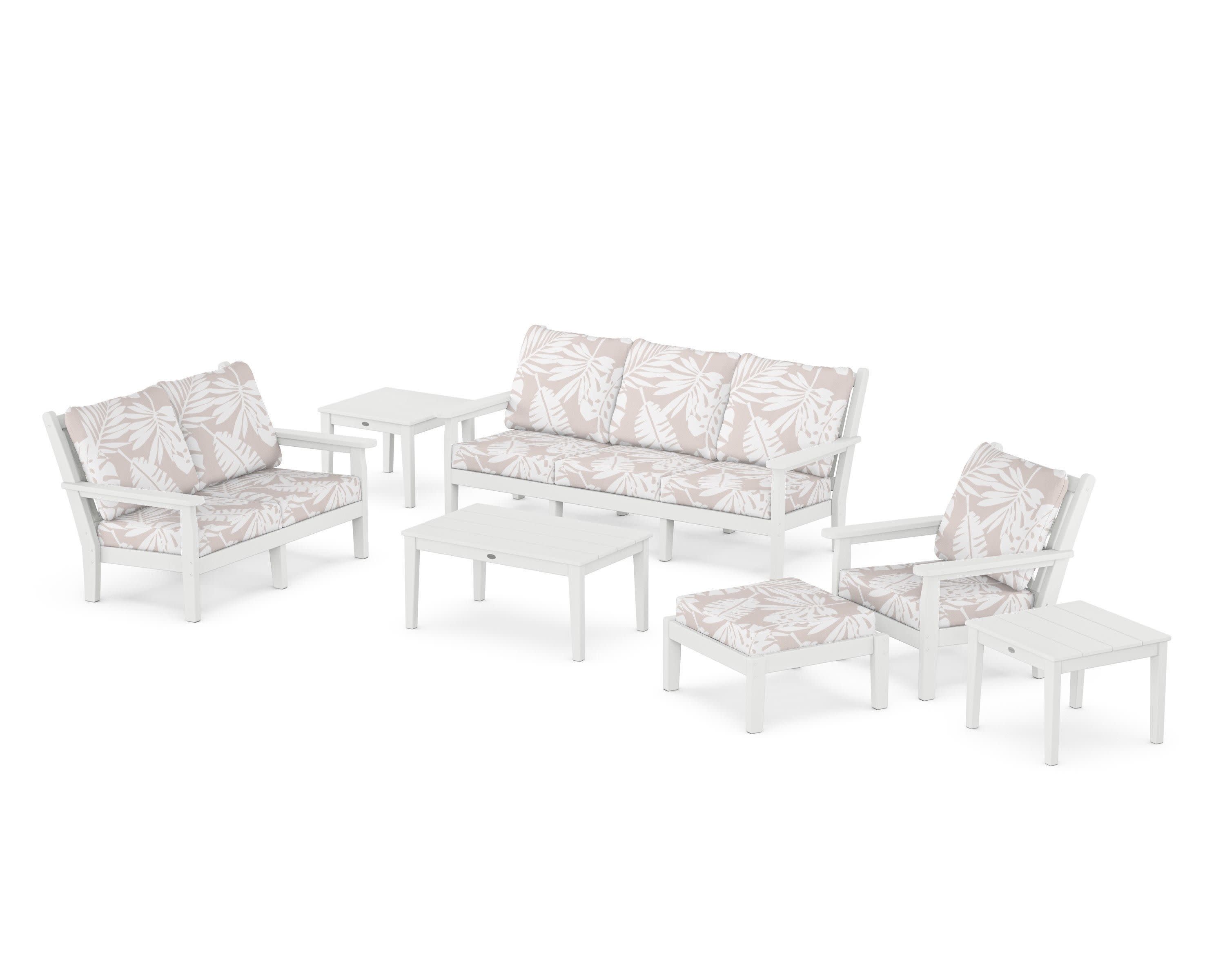 Chippendale 7-Piece Deep Seating Set in White / Leaf Dune Burlap