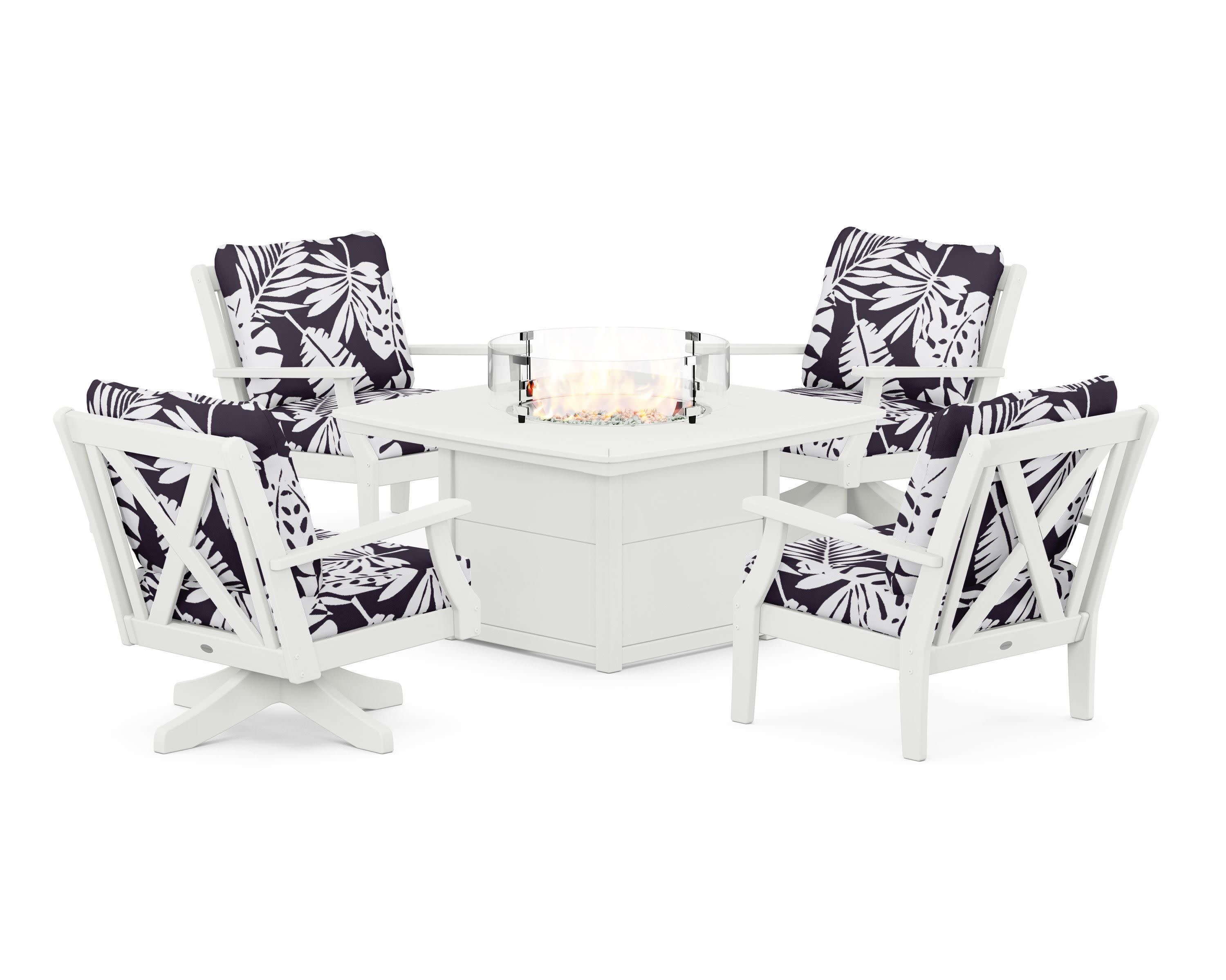 Braxton 5-Piece Deep Seating Set with Fire Table in Vintage White / Leaf Navy