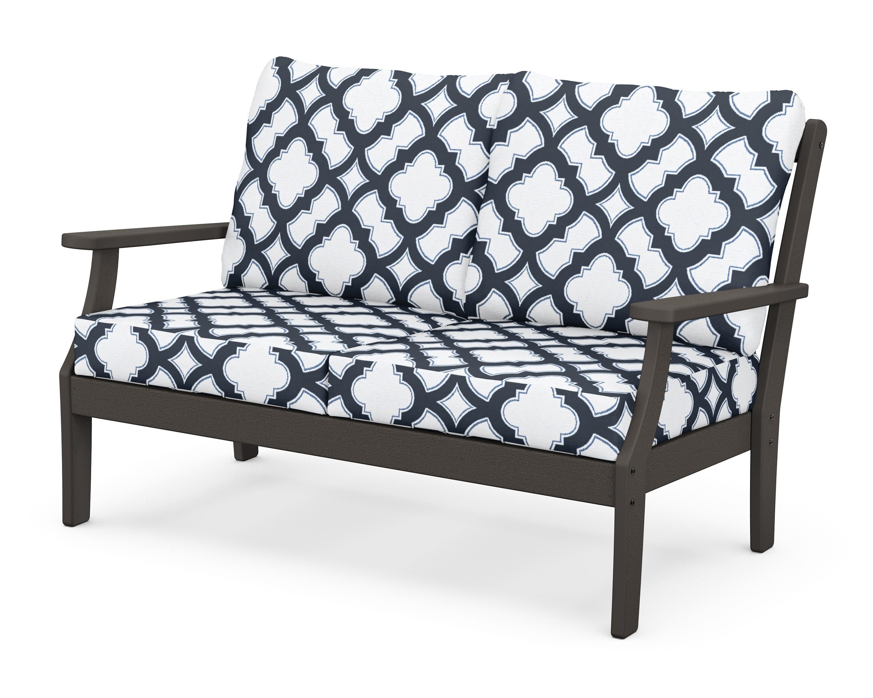 Braxton Deep Seating Loveseat in Vintage Coffee / Trellis Marine Indigo