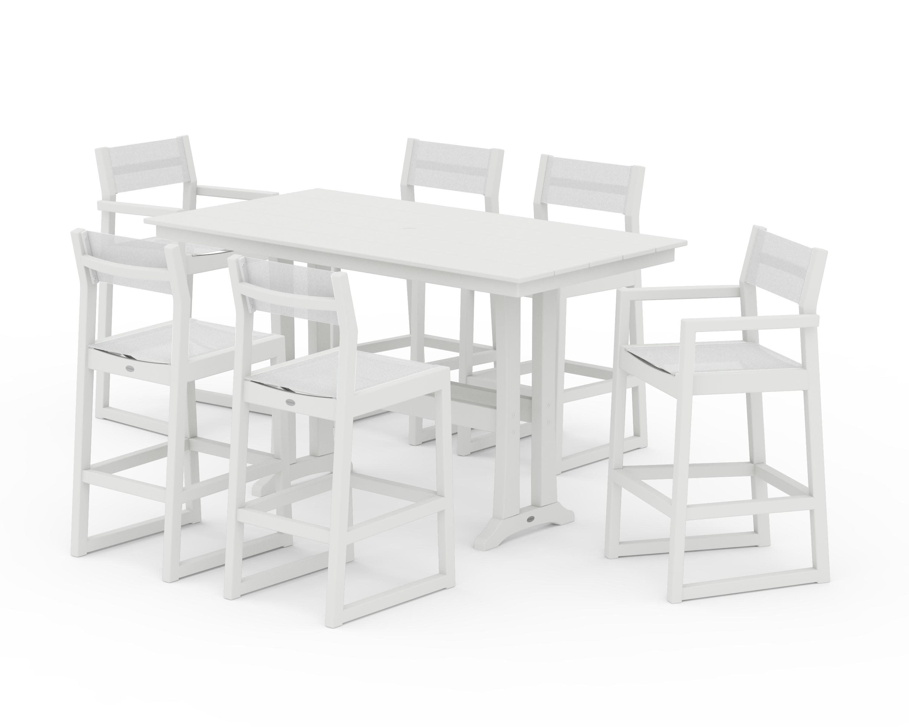 EDGE Sling 7-Piece Farmhouse Bar Set with Trestle Legs in Vintage White / White Sling