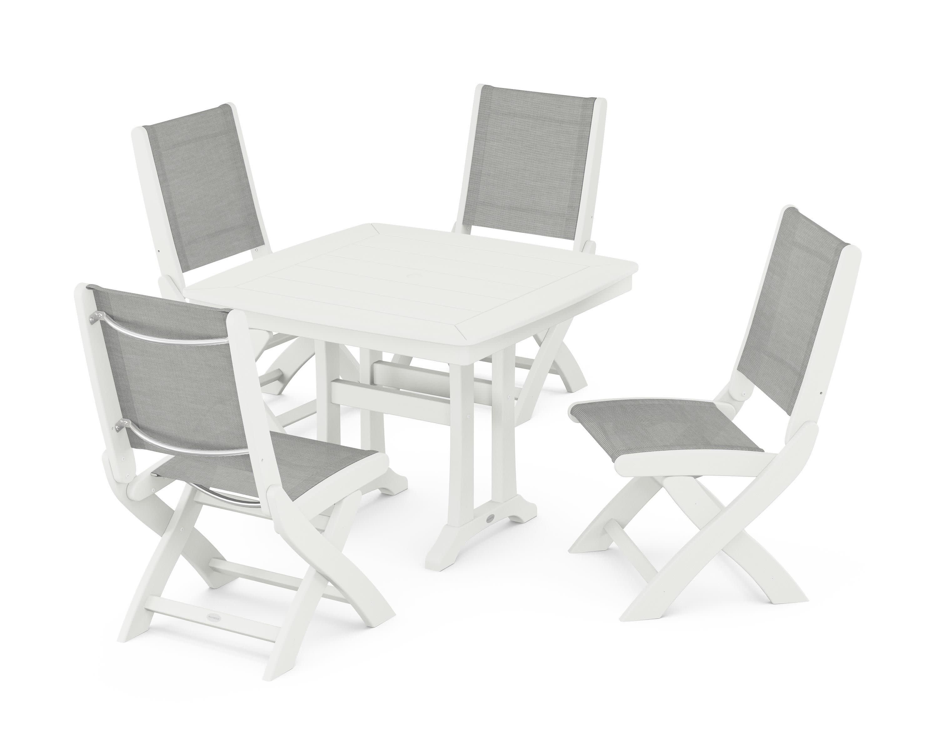 Coastal Folding Side Chair 5-Piece Dining Set with Trestle Legs in Vintage White / Metallic Sling