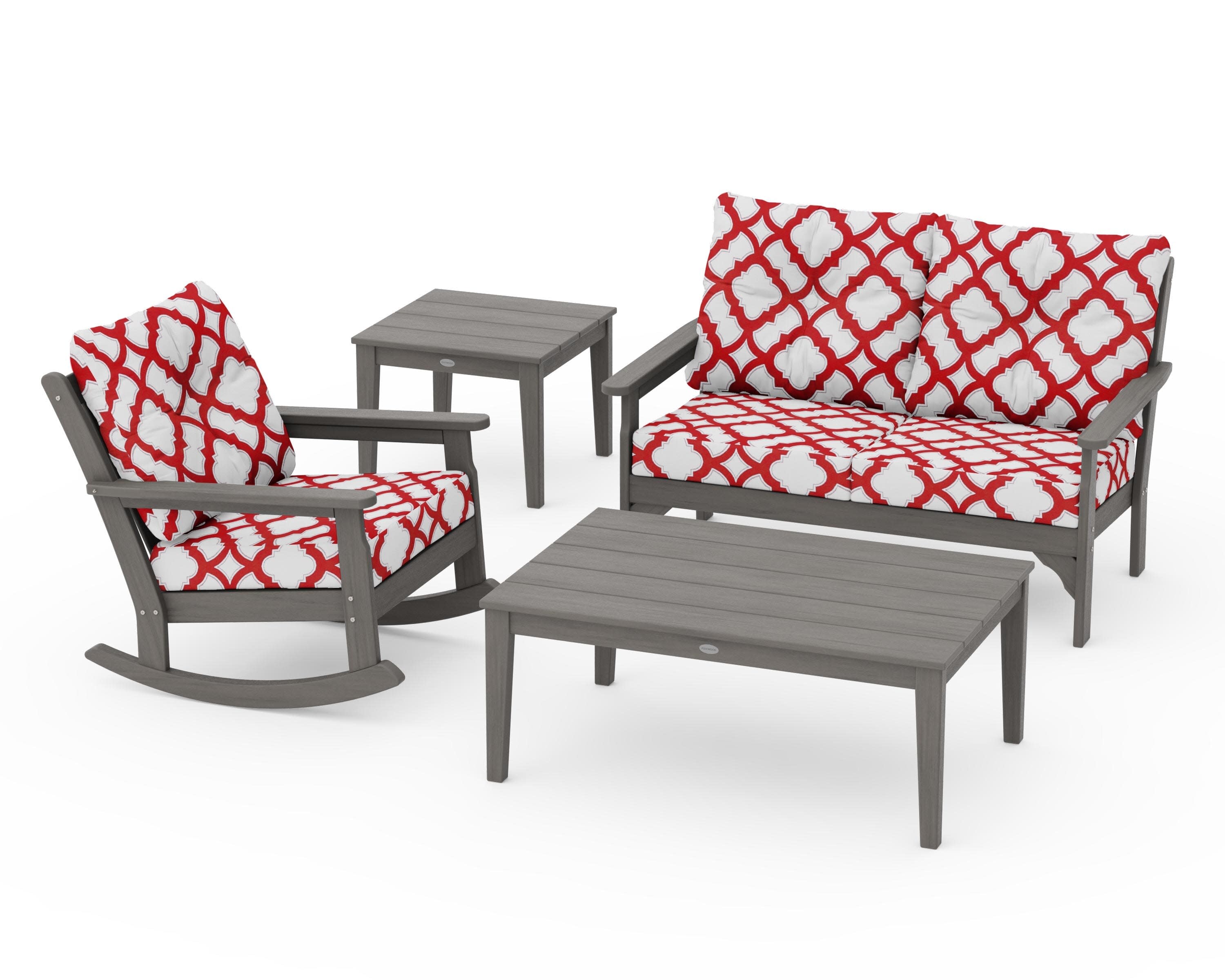 Vineyard 4-Piece Deep Seating Rocker Set in Driftwood / Trellis Crimson