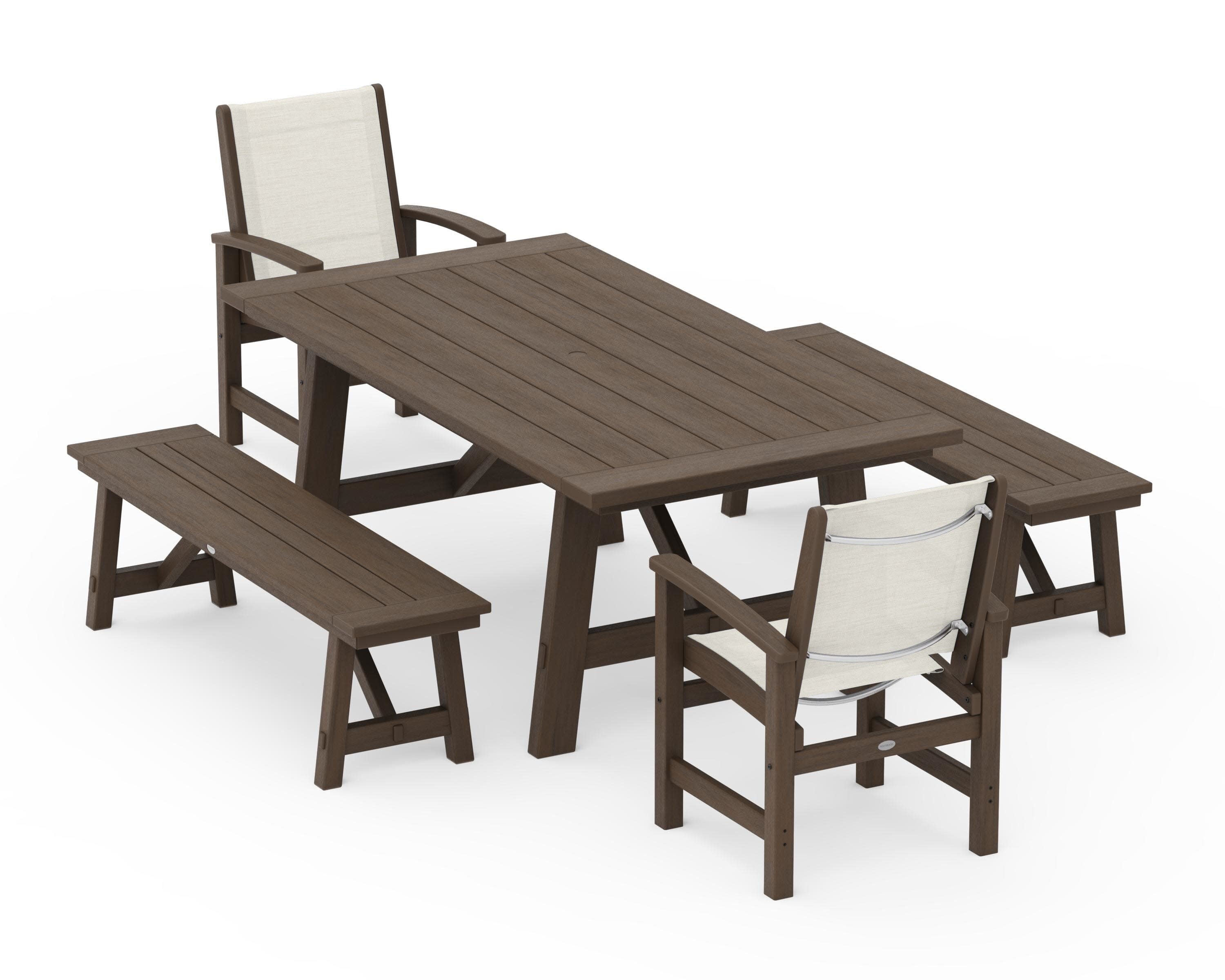 Coastal 5-Piece Rustic Farmhouse Dining Set With Benches in Kona / Parchment Sling