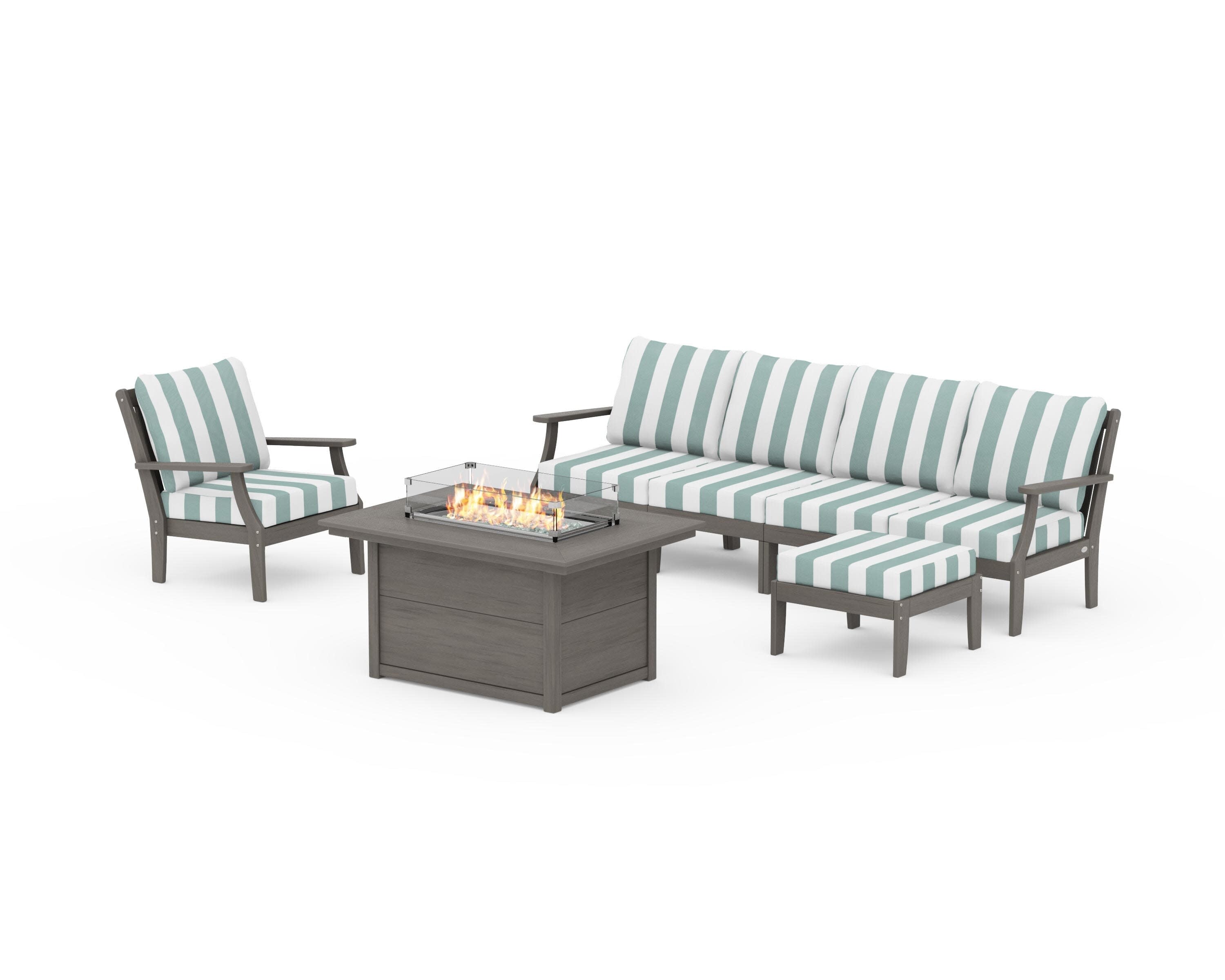 Braxton Sectional Lounge and Fire Pit Set in Driftwood / Cabana Stripe Glacier Spa