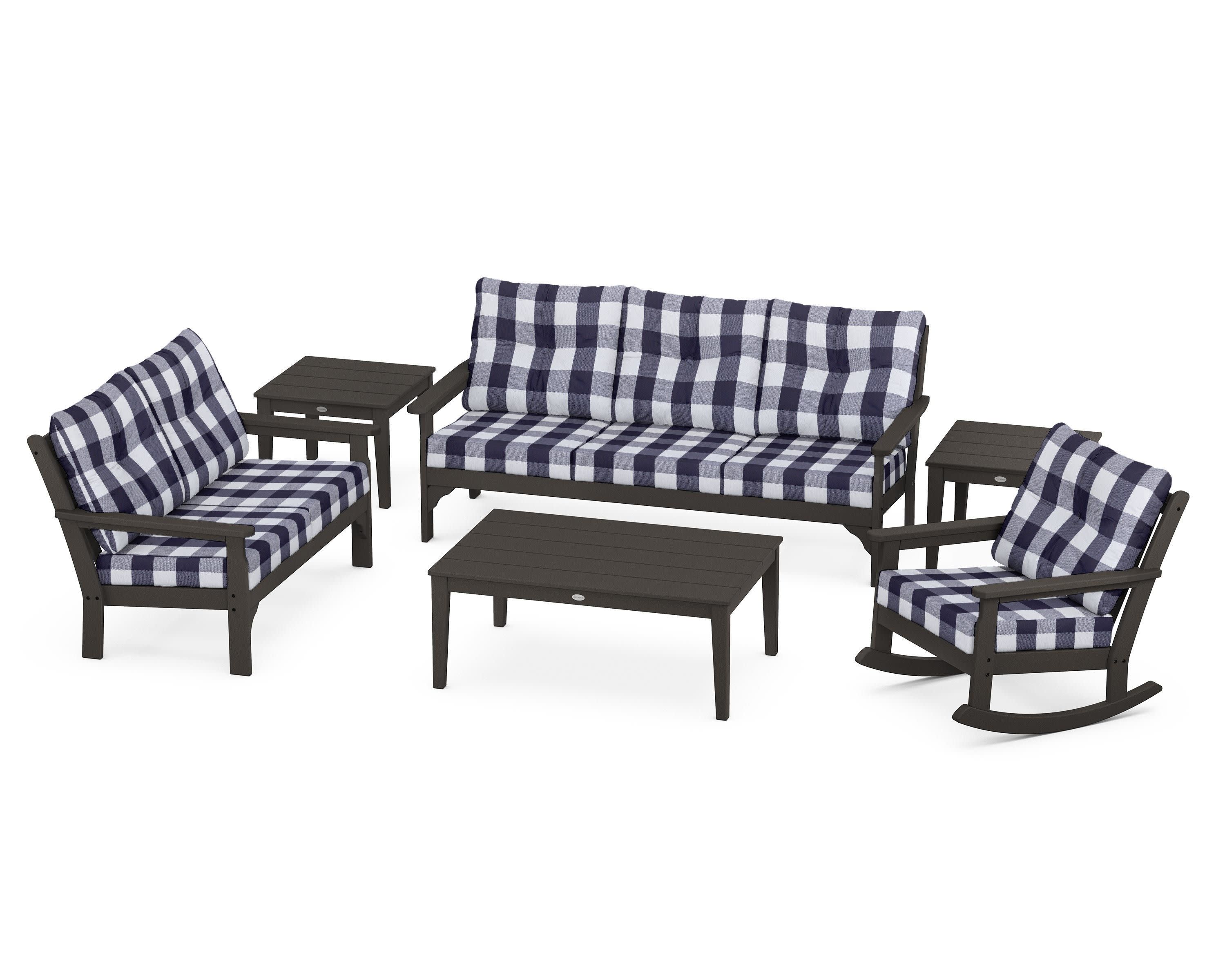 Vineyard 6-Piece Deep Seating Set in Vintage Coffee / Buffalo Plaid Navy