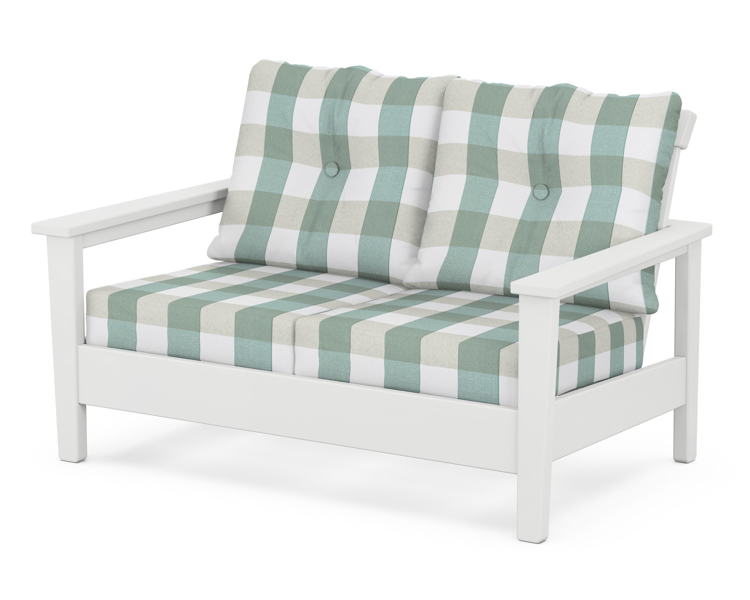 Prescott Deep Seating Loveseat in White / Buffalo Plaid Glacier Spa